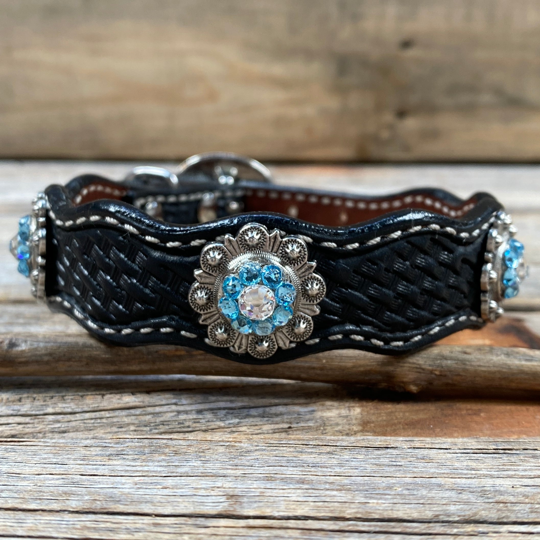 Leather Dog Collar With Antique Silver Aqua and Clear Conchos 10" to 22" -DC39