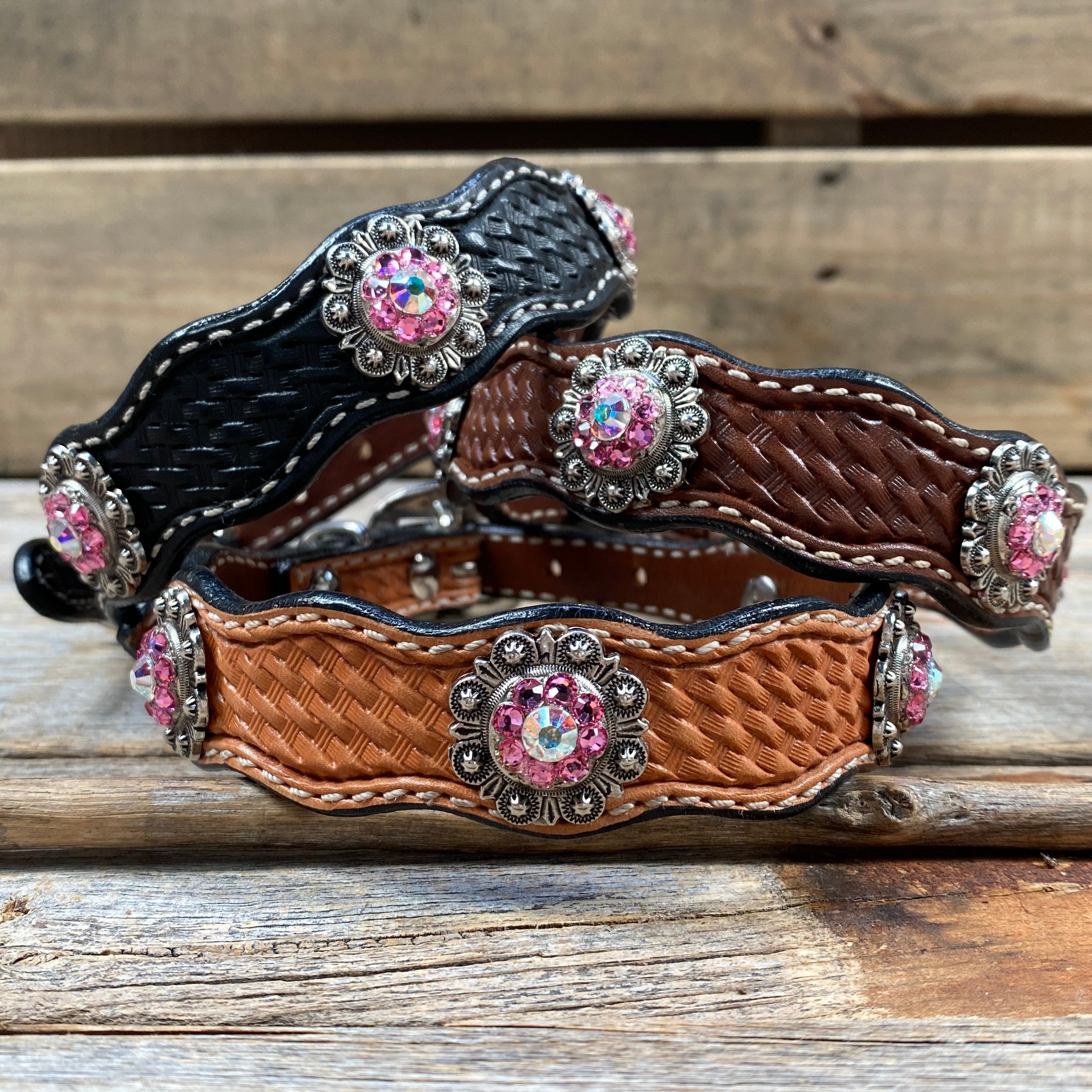 Leather Dog Collar With Antique Silver Pink and AB Conchos 10