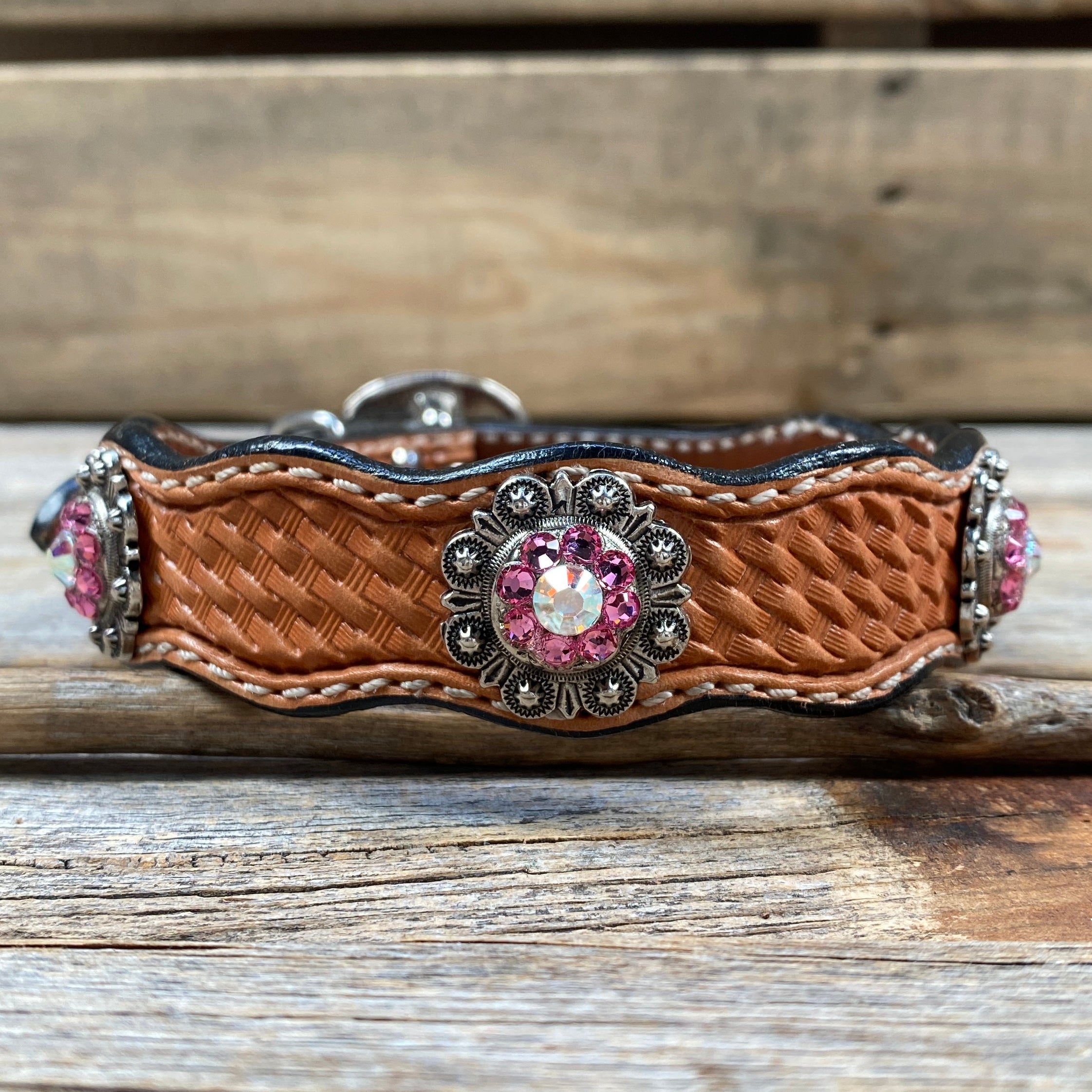 Leather Dog Collar With Antique Silver Pink and AB Conchos 10