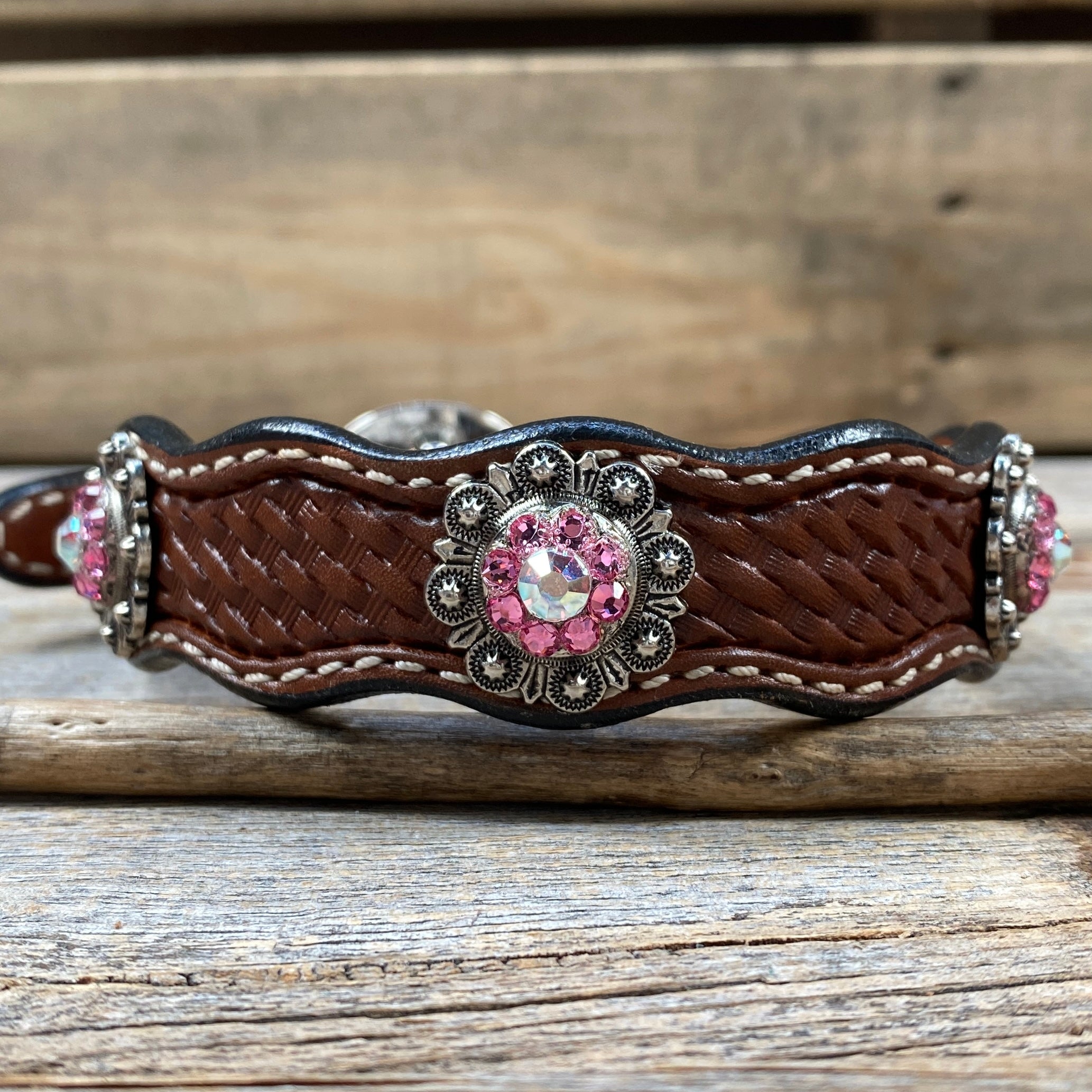 Leather Dog Collar With Antique Silver Pink and AB Conchos 10