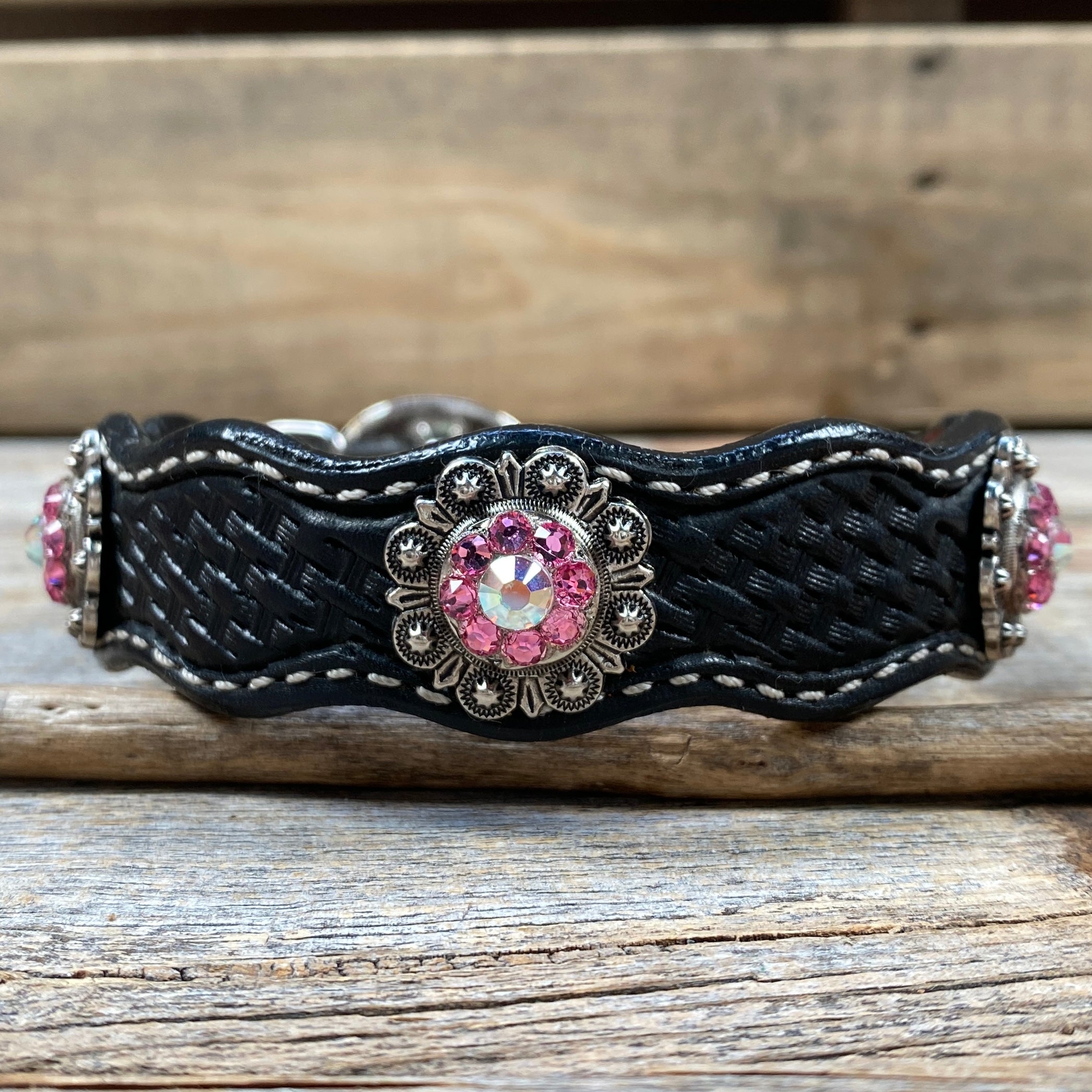 Leather Dog Collar With Antique Silver Pink and AB Conchos 10
