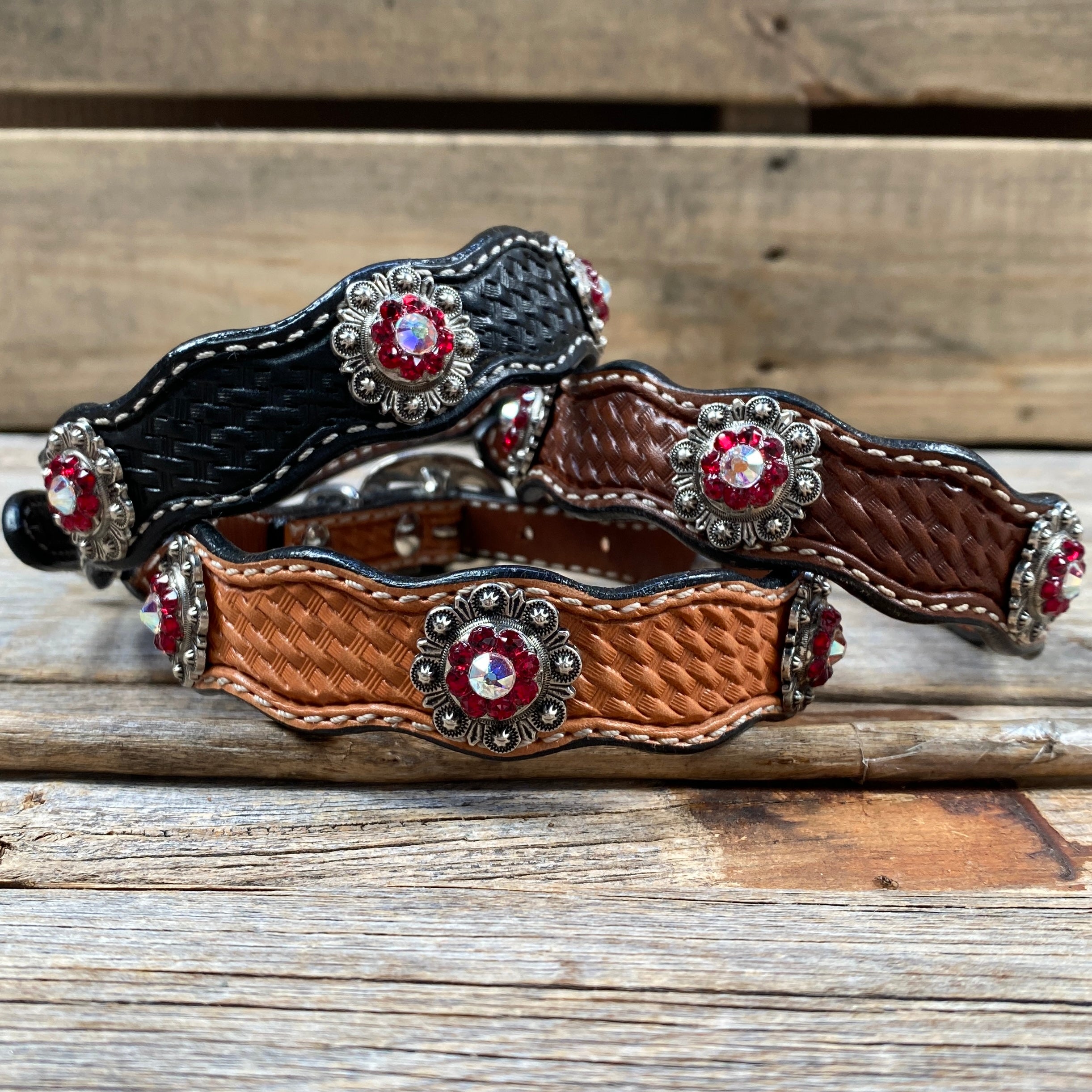 Leather Dog Collar With Antique Silver Ruby and AB Conchos 10