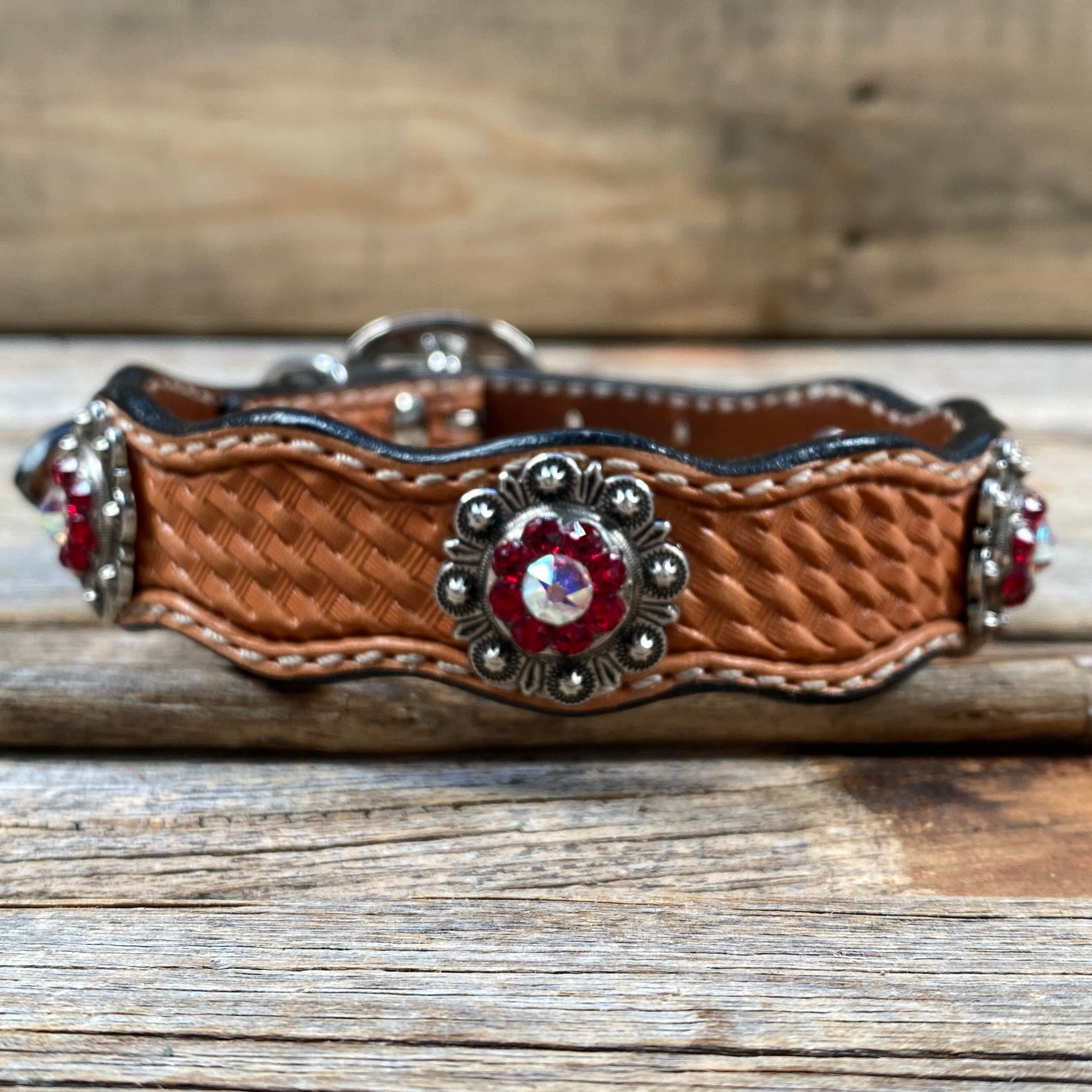 Leather Dog Collar With Antique Silver Ruby and AB Conchos 10" to 22" -DC41
