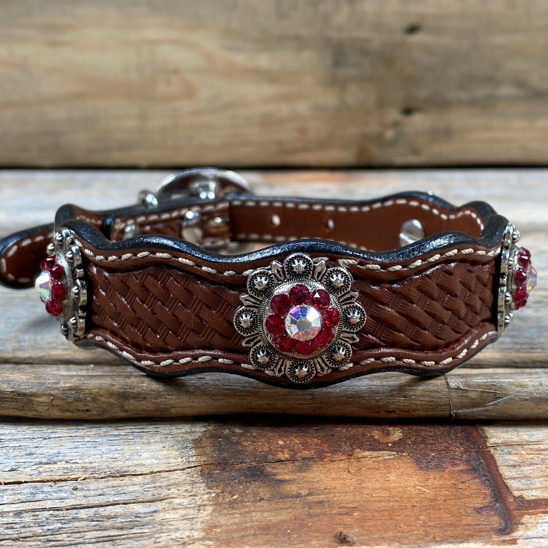Leather Dog Collar With Antique Silver Ruby and AB Conchos 10