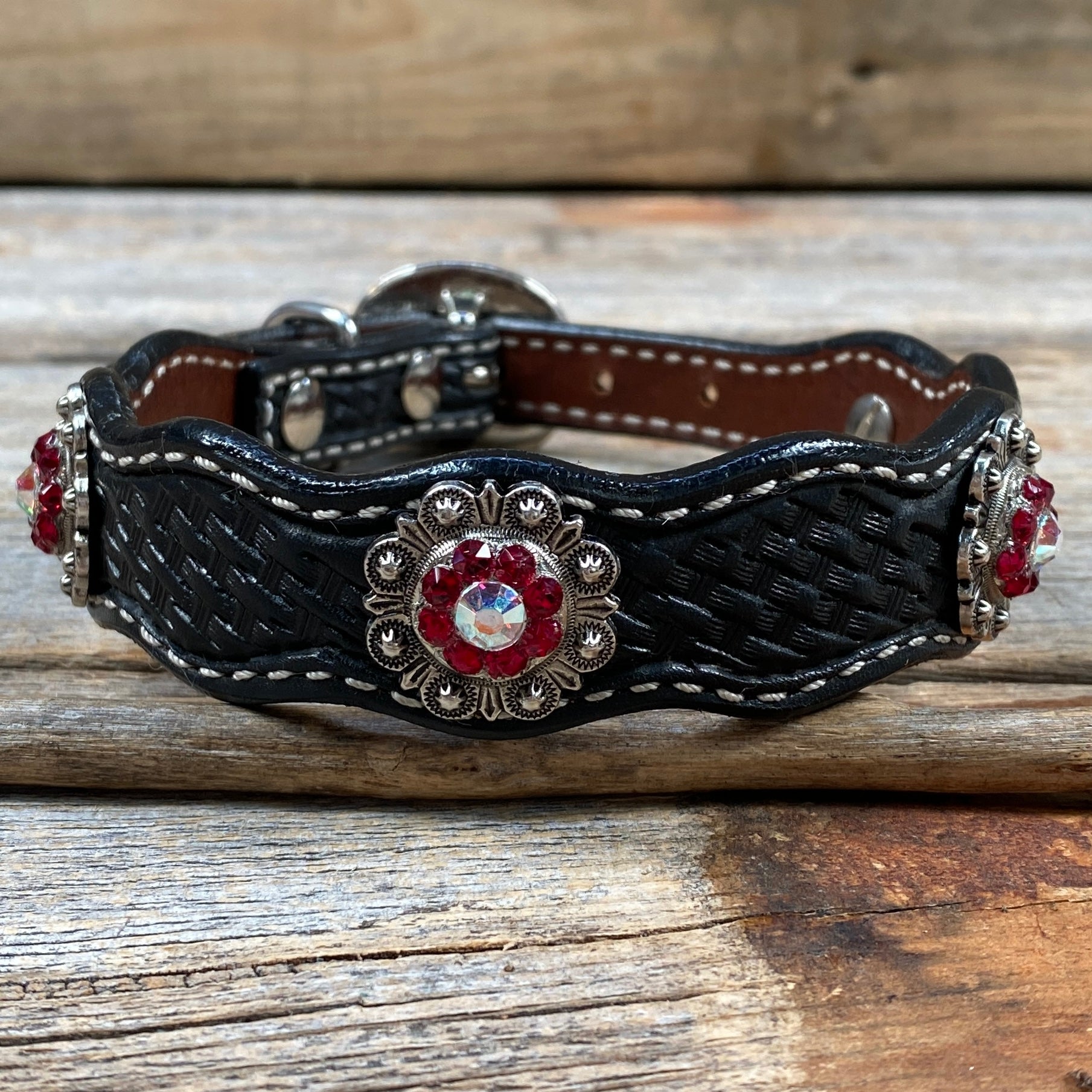 Leather Dog Collar With Antique Silver Ruby and AB Conchos 10