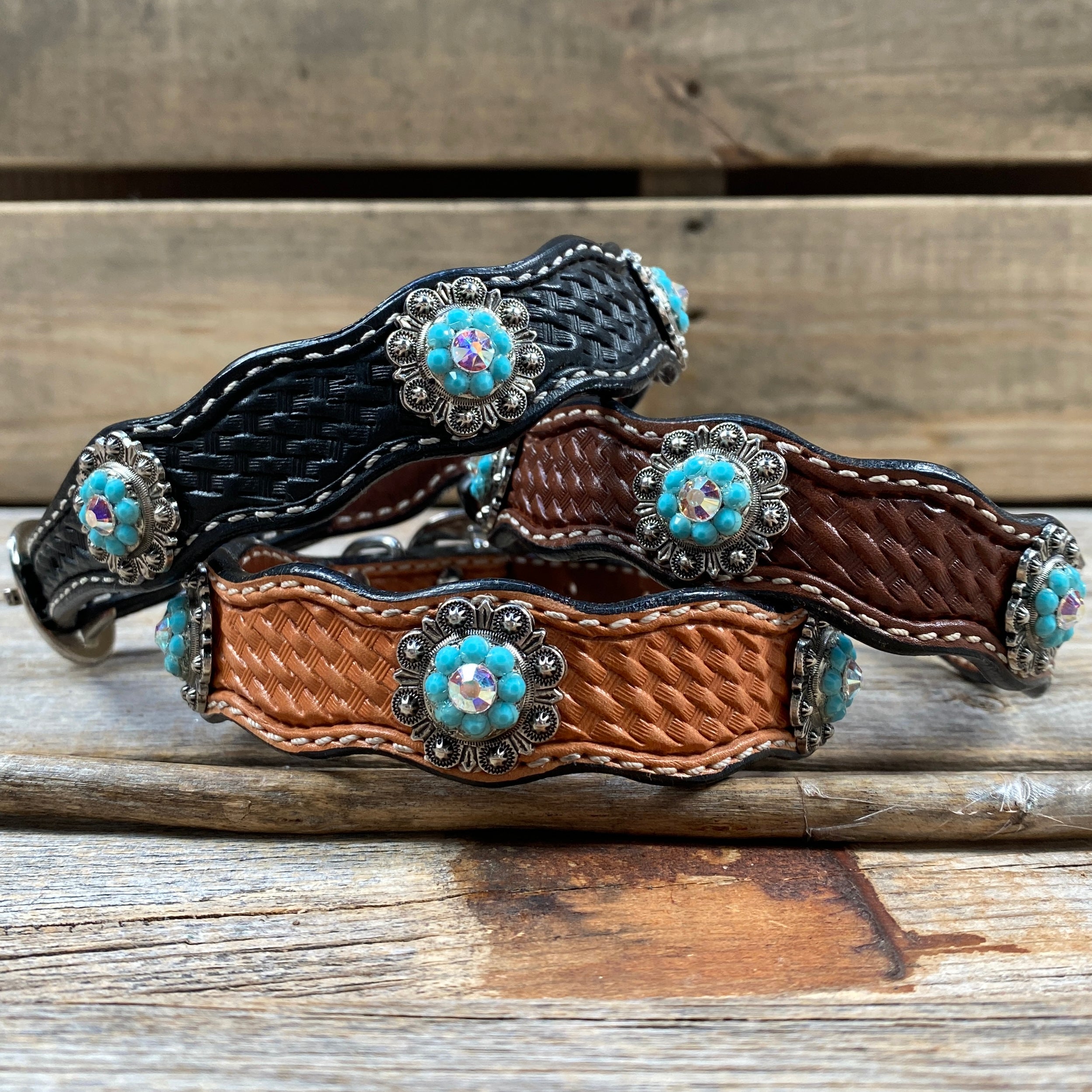 Leather Dog Collar With Antique Silver Turquoise and AB Conchos 10