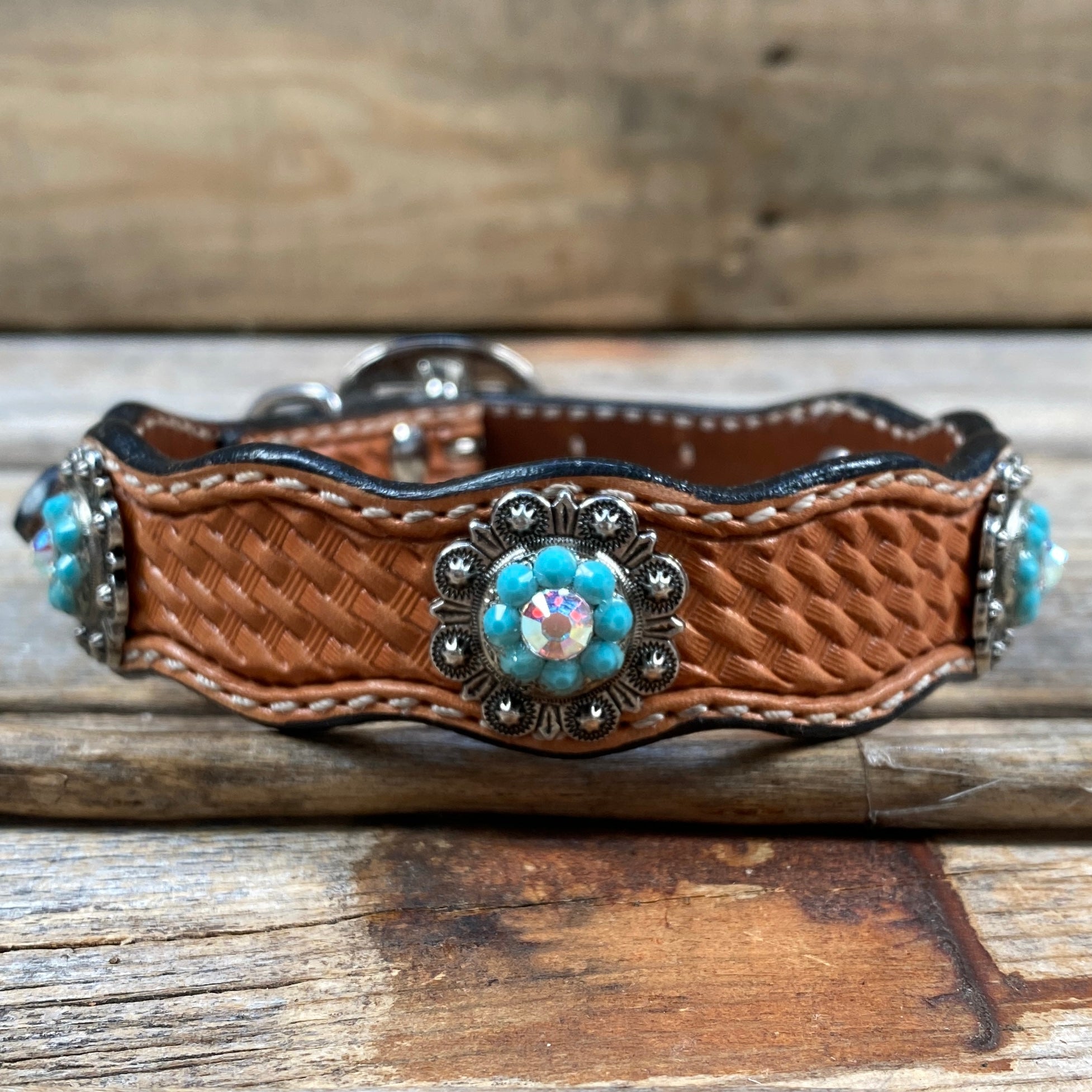 Leather Dog Collar With Antique Silver Turquoise and AB Conchos 10" to 22" -DC5