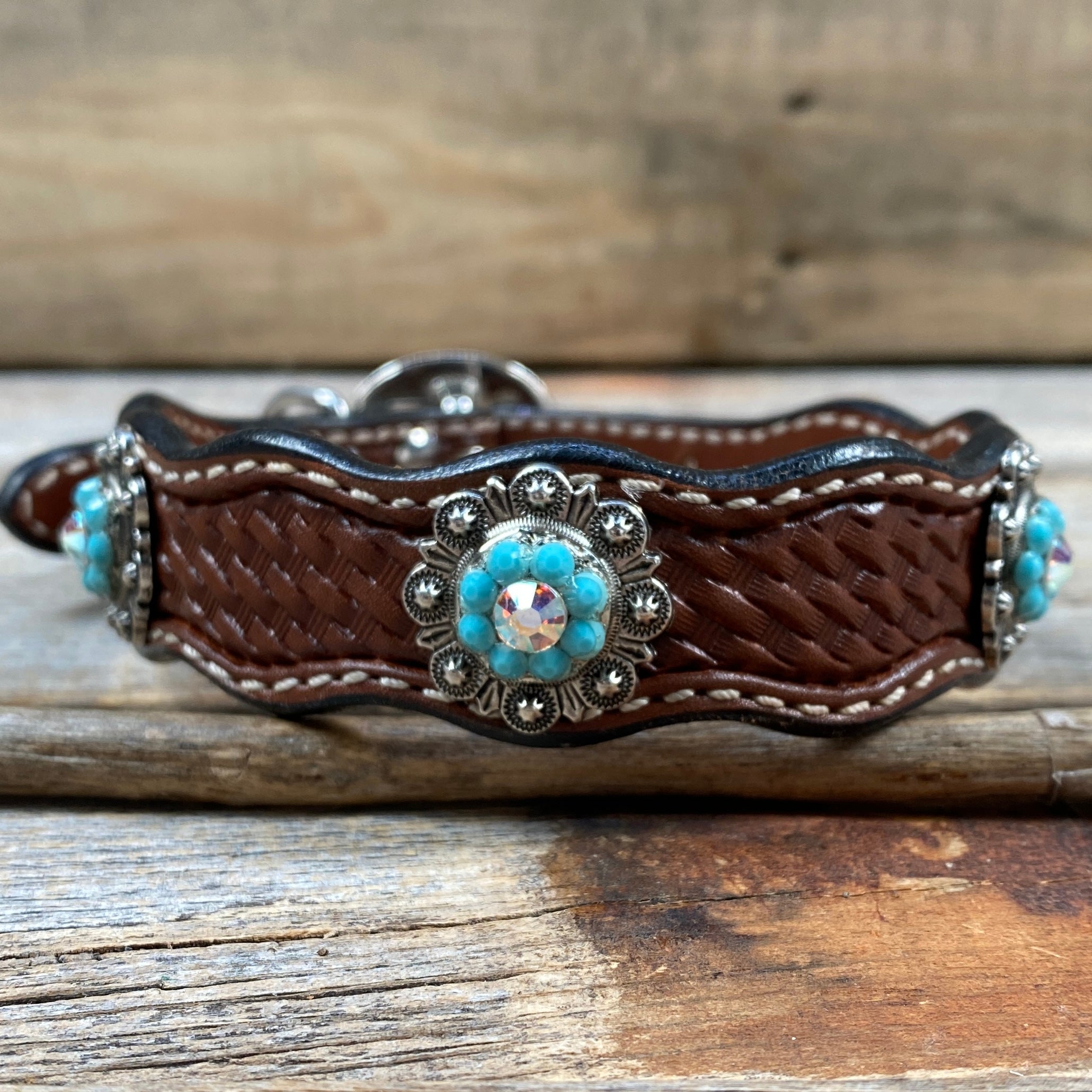 Leather Dog Collar With Antique Silver Turquoise and AB Conchos 10