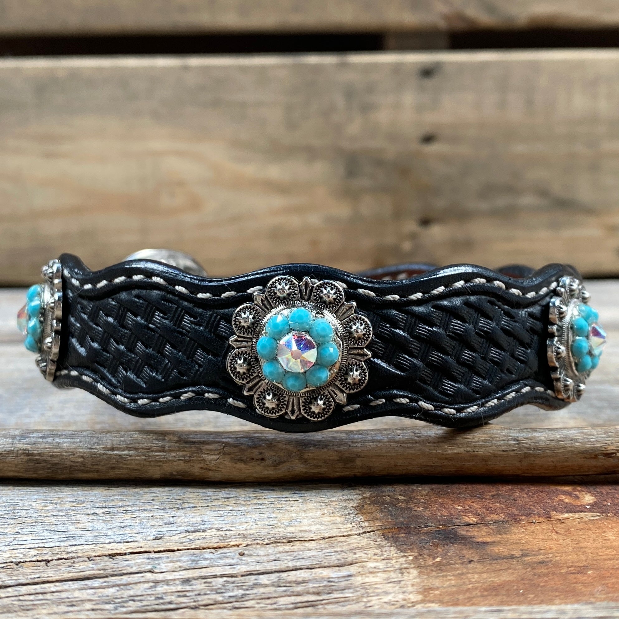 Leather Dog Collar With Antique Silver Turquoise and AB Conchos 10