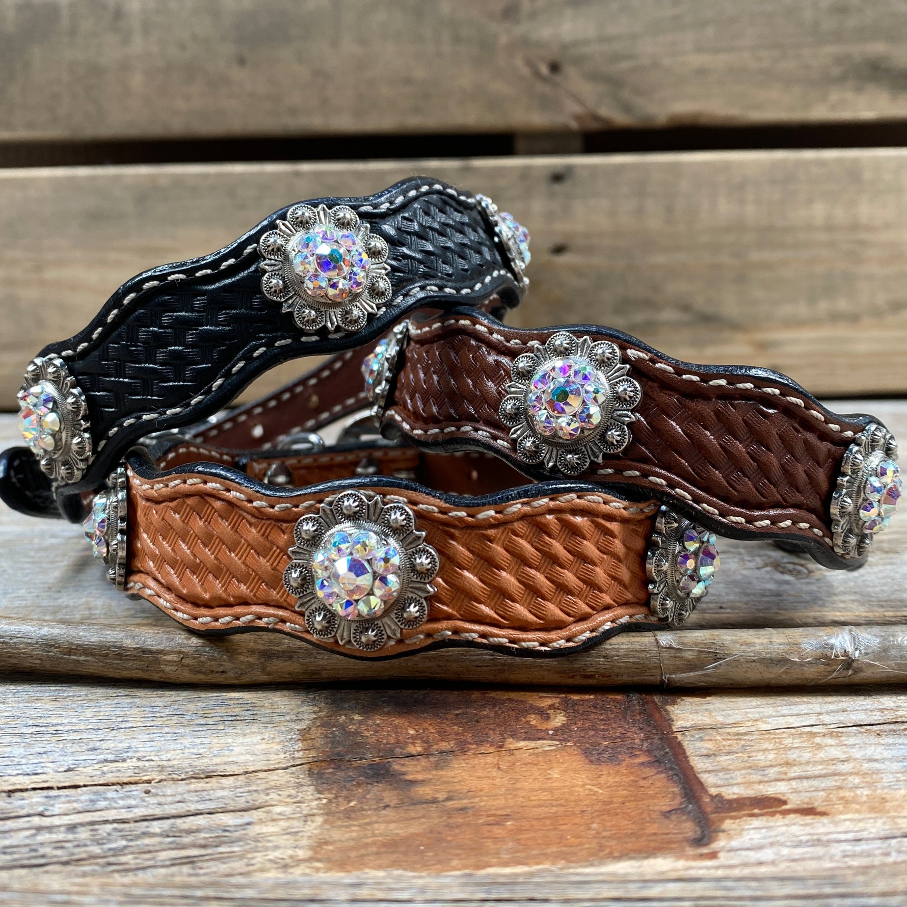 Genuine Leather Dog Collar With Antique Silver AB Conchos 10" to 22" -DC42