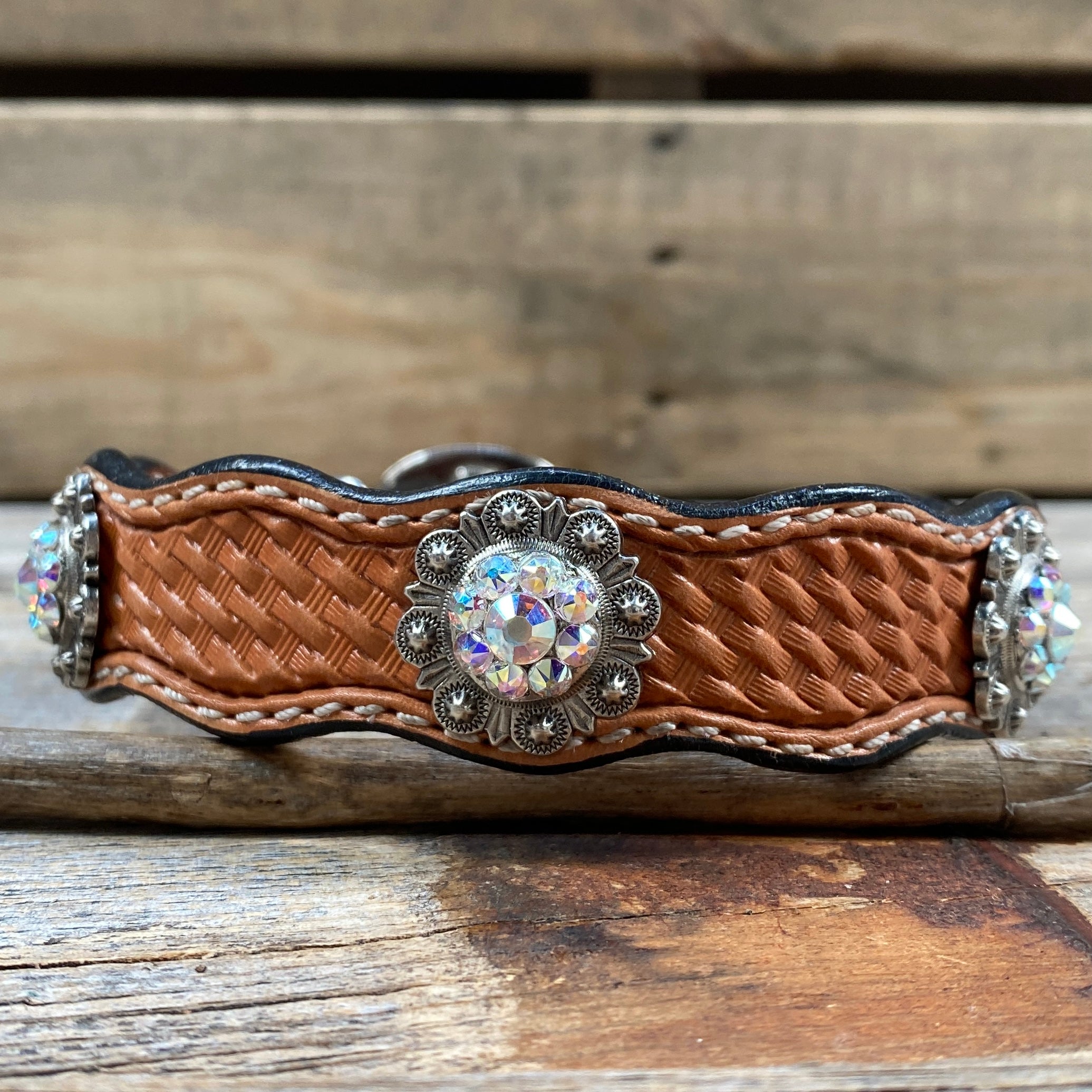 Leather Dog Collar With Antique Silver AB Conchos 10