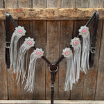 Dark Oil Basketweave Hot Pink Flower Browband | One Ear Tack Set #BBBC531