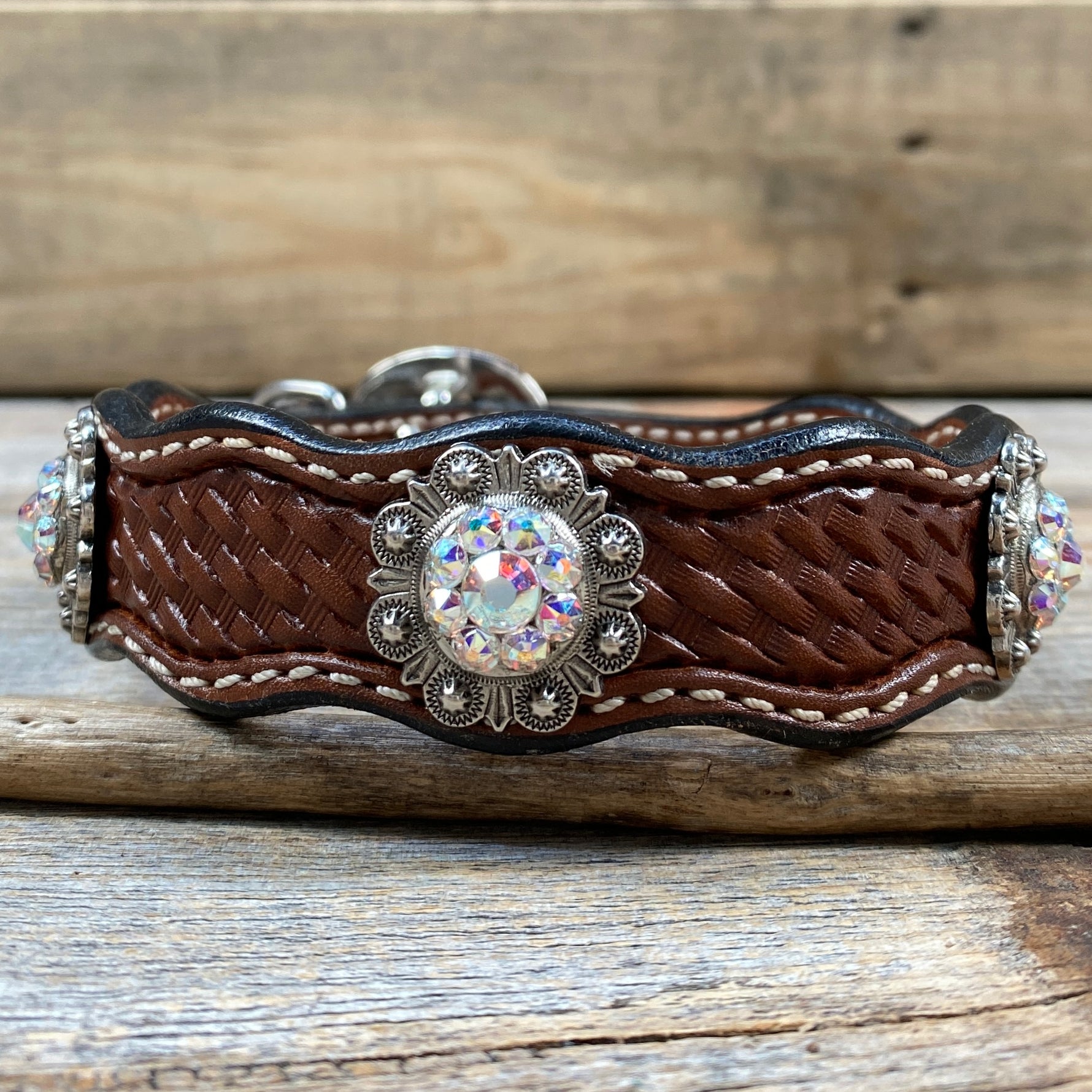 Genuine Leather Dog Collar With Antique Silver AB Conchos 10" to 22" -DC42