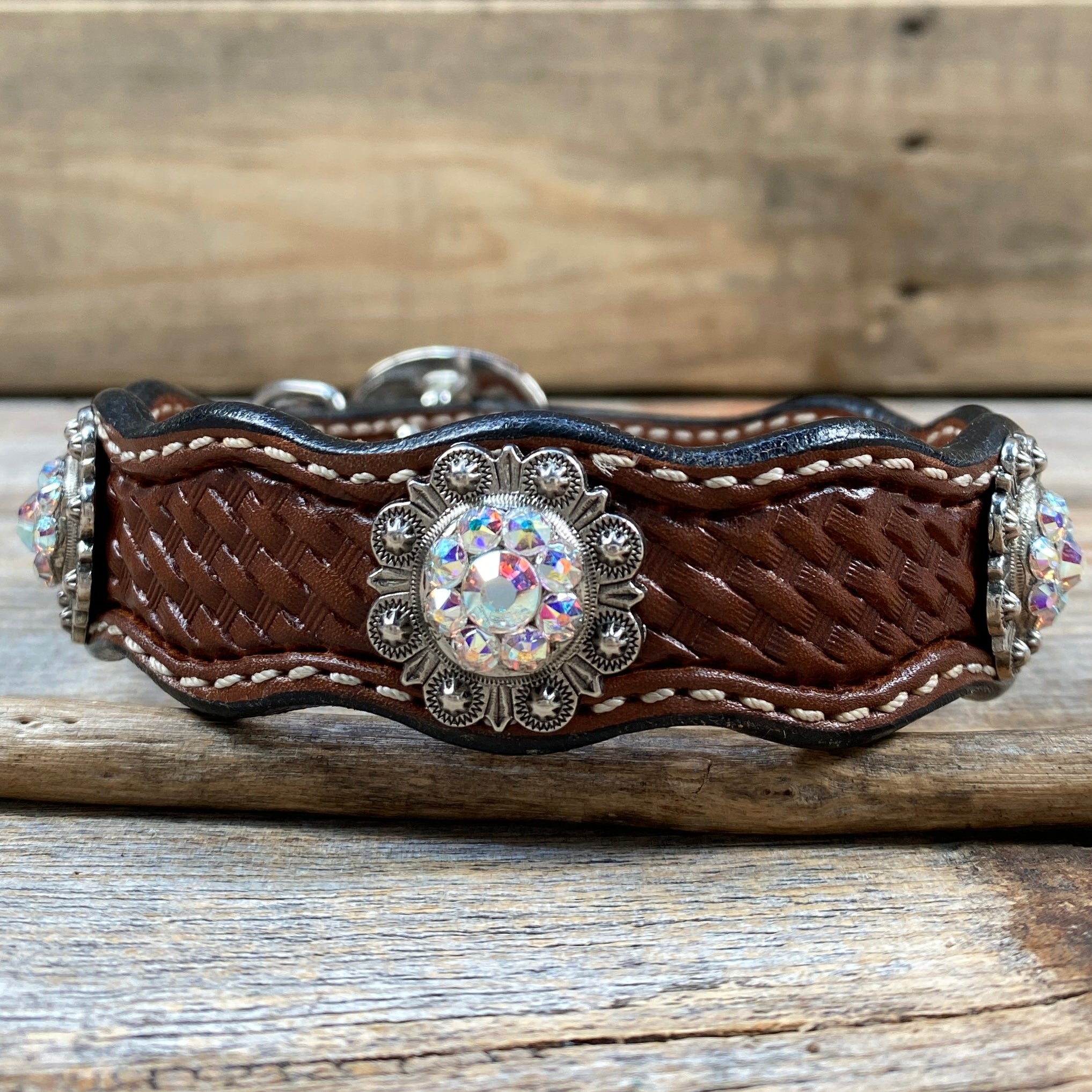 Leather Dog Collar With Antique Silver AB Conchos 10