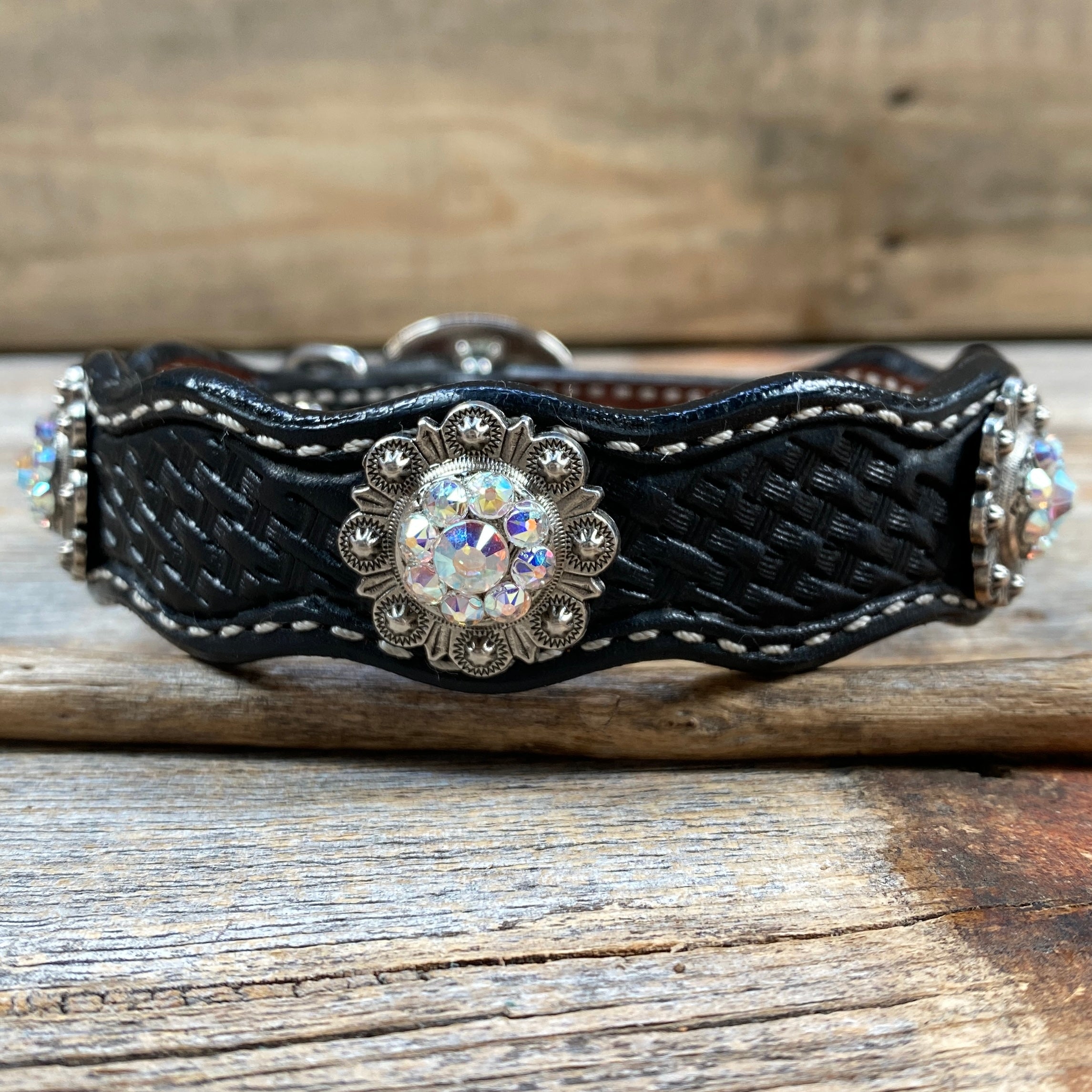 Leather Dog Collar With Antique Silver AB Conchos 10" to 22" -DC42