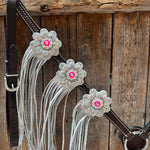 Dark Oil Basketweave Hot Pink Flower Browband | One Ear Tack Set #BBBC531