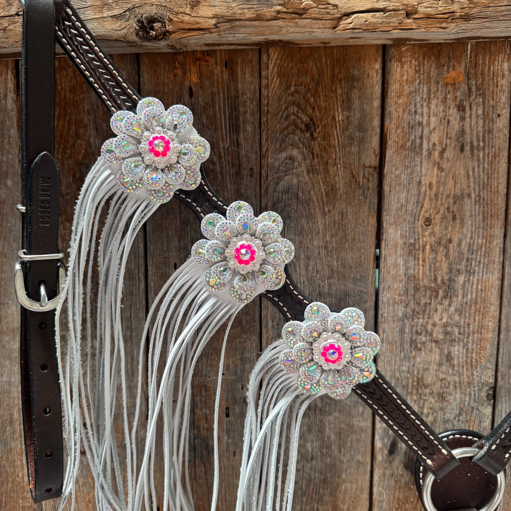 Dark Oil Basketweave Hot Pink Flower Browband | One Ear Tack Set #BBBC531