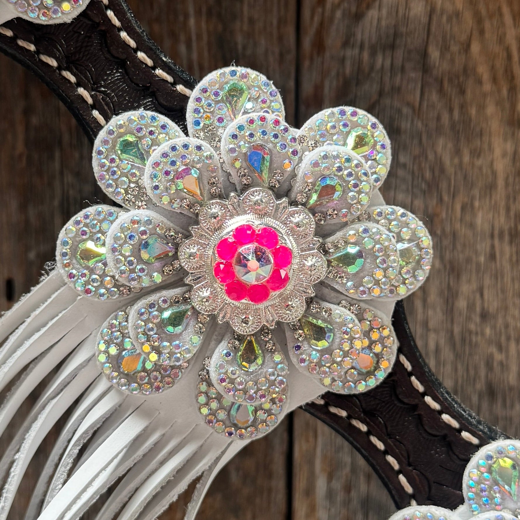 Dark Oil Basketweave Hot Pink Flower Browband | One Ear Tack Set #BBBC531