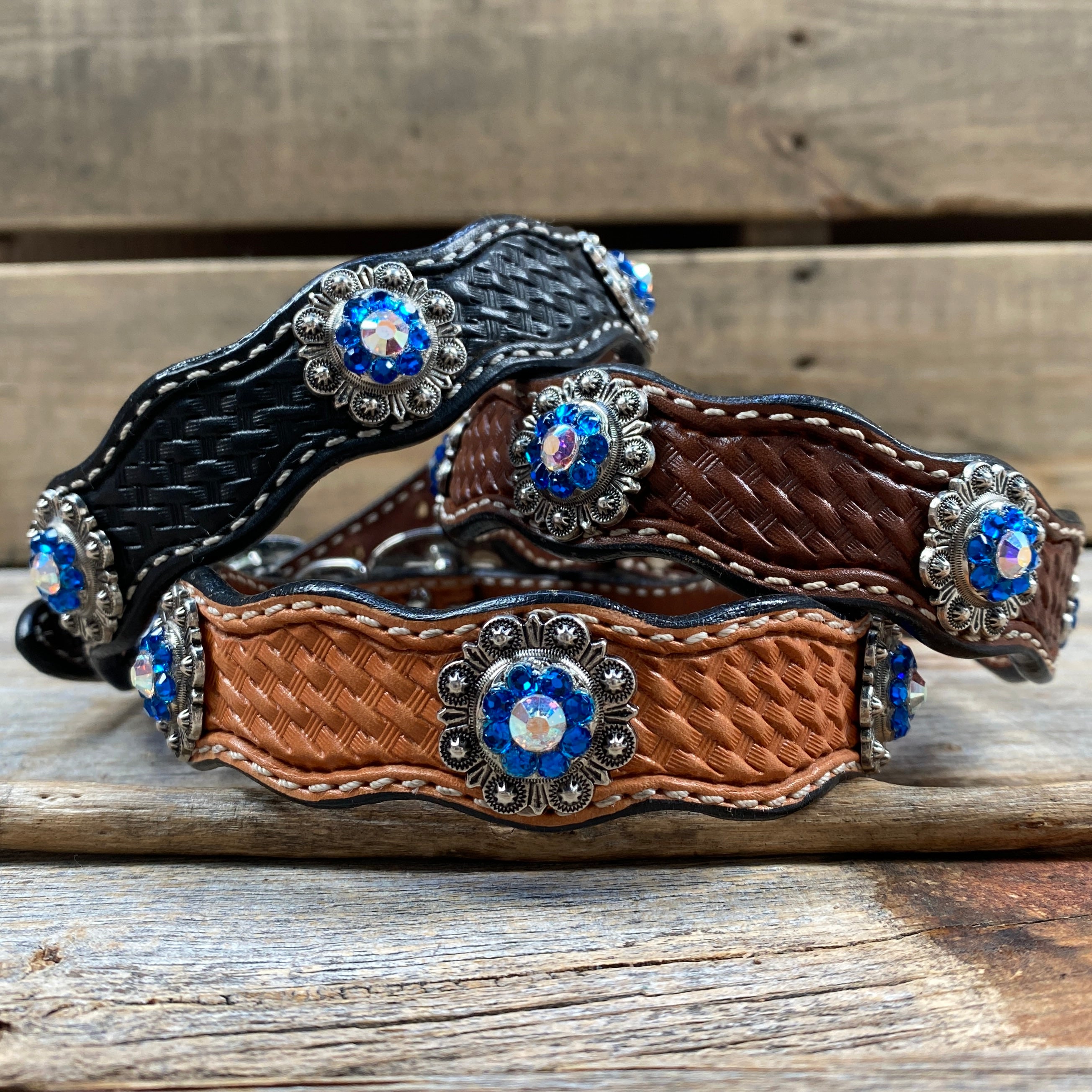 Leather Dog Collar With Antique Silver Capri and AB Conchos 10