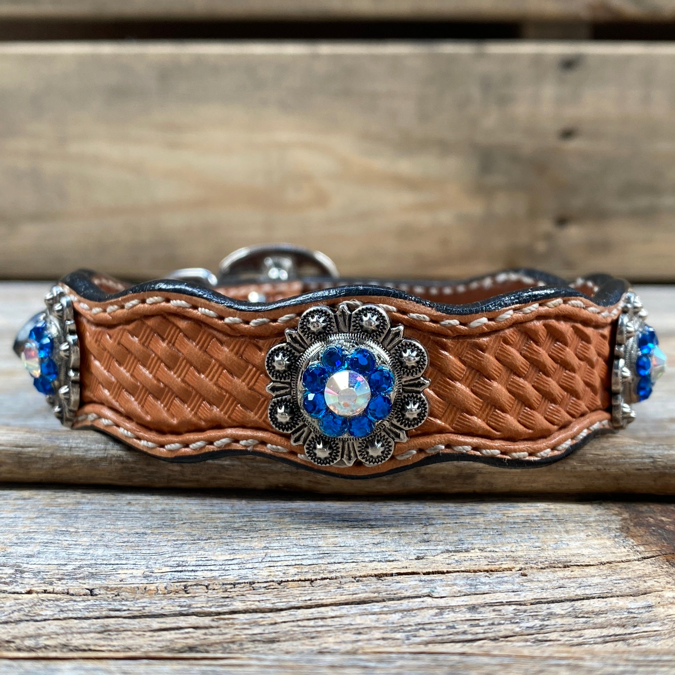 Leather Dog Collar With Antique Silver Capri and AB Conchos 10