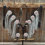 Dark Oil Basketweave Hot Pink Flower Browband | One Ear Tack Set #BBBC531