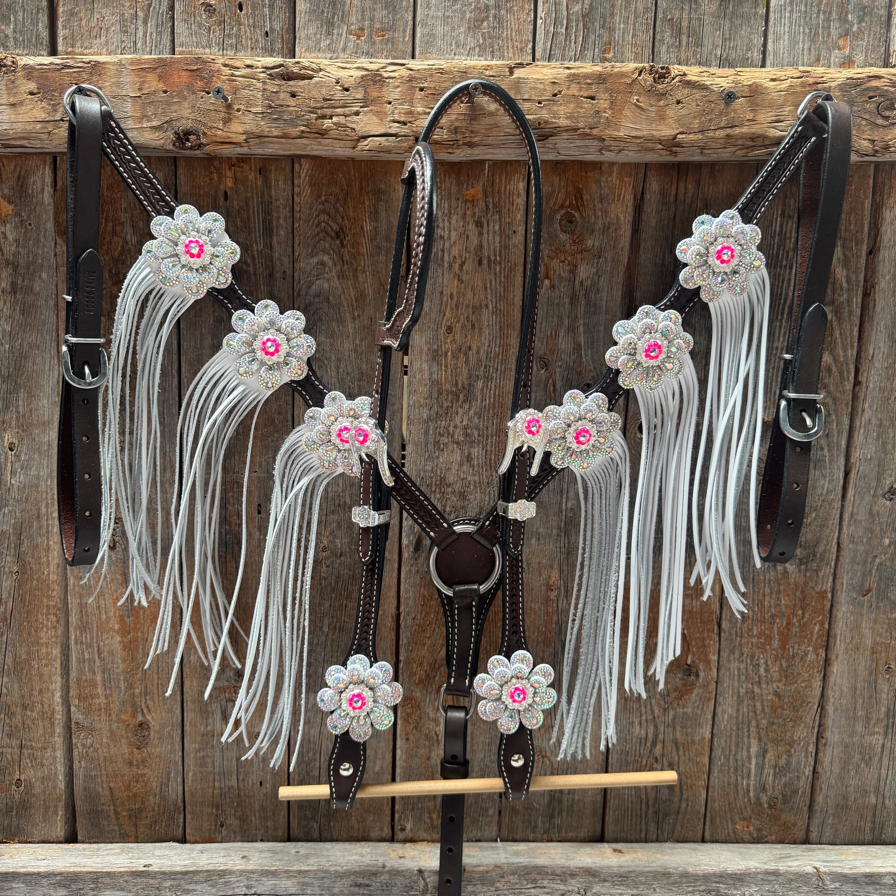 Dark Oil Basketweave Hot Pink Flower Browband | One Ear Tack Set #BBBC531