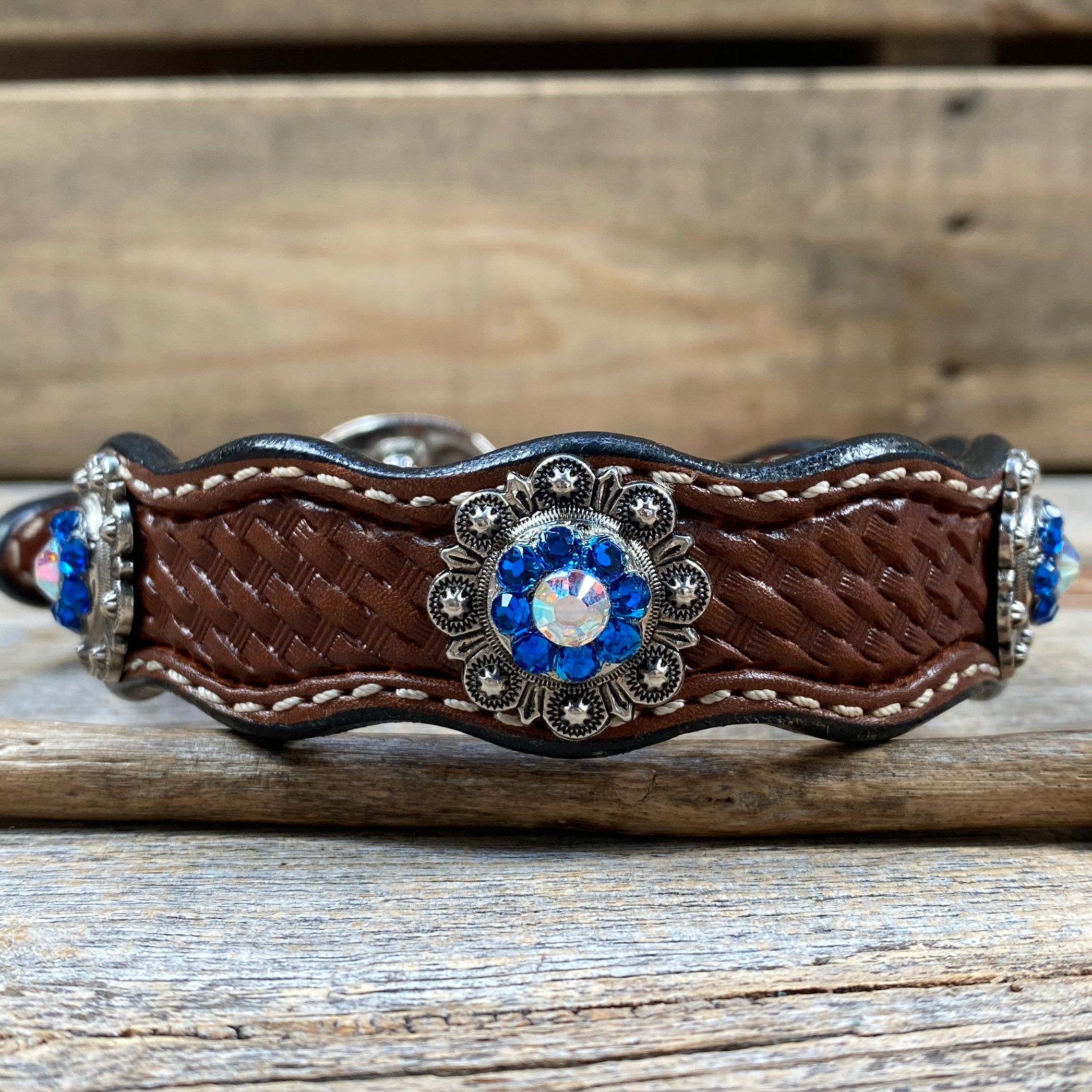 Leather Dog Collar With Antique Silver Capri and AB Conchos 10" to 22" -DC43