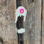 Dark Oil Basketweave Hot Pink Flower Browband | One Ear Tack Set #BBBC531