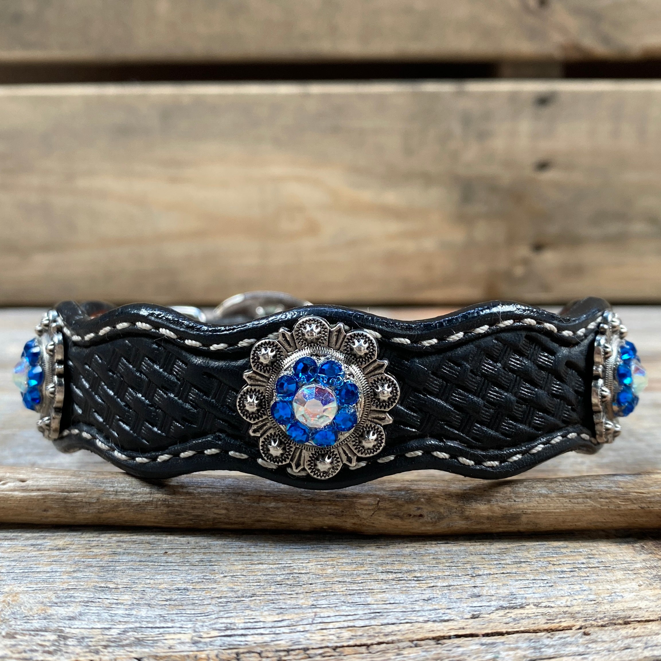 Leather Dog Collar With Antique Silver Capri and AB Conchos 10