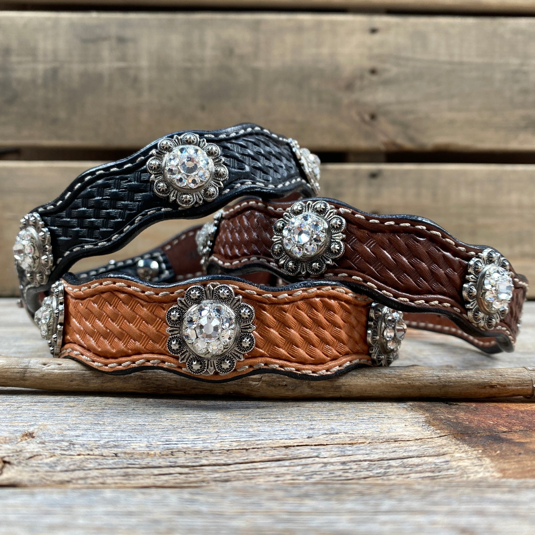 Genuine Leather Dog Collar or Leash With Antique Silver Clear Conchos 10" to 22" orDC44