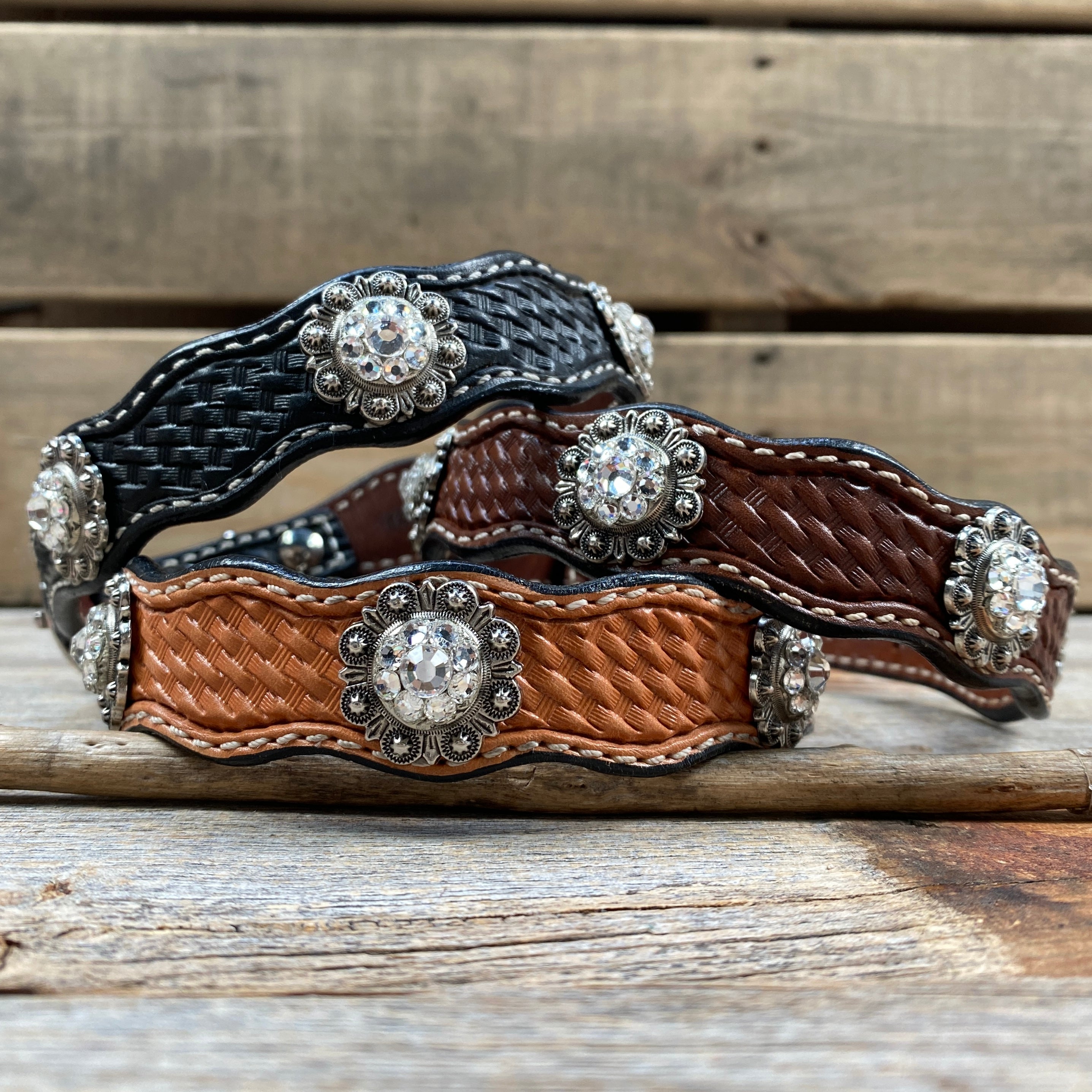 Leather Dog Collar With Antique Silver Clear Conchos 10