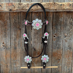 Dark Oil Basketweave Hot Pink Flower Browband | One Ear Tack Set #BBBC531