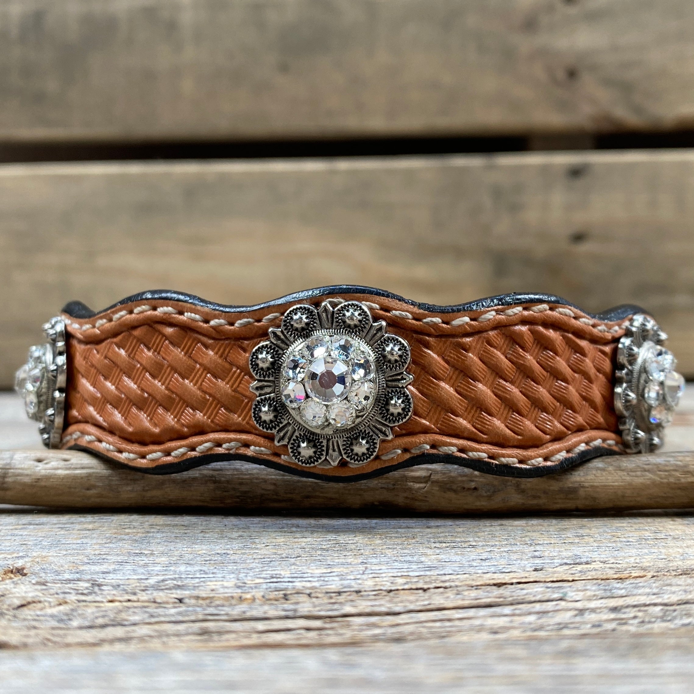 Leather Dog Collar With Antique Silver Clear Conchos 10" to 22" -DC44