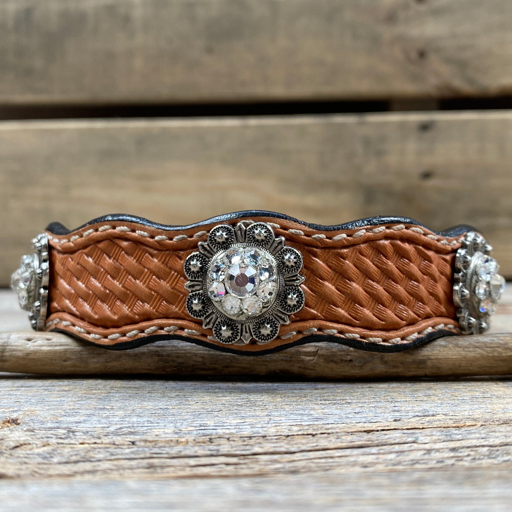 Genuine Leather Dog Collar or Leash With Antique Silver Clear Conchos 10" to 22" orDC44