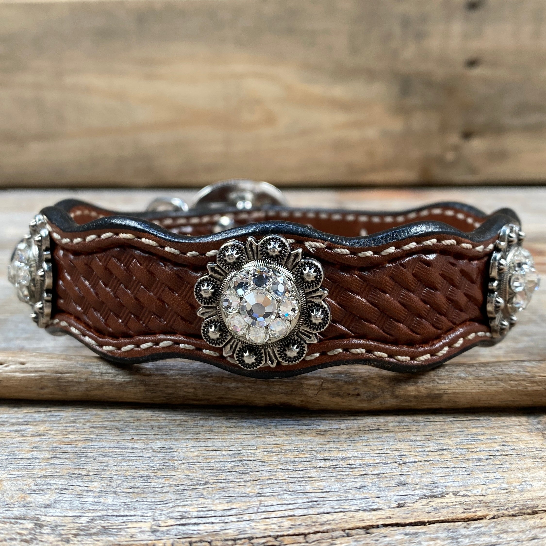 Leather Dog Collar With Antique Silver Clear Conchos 10