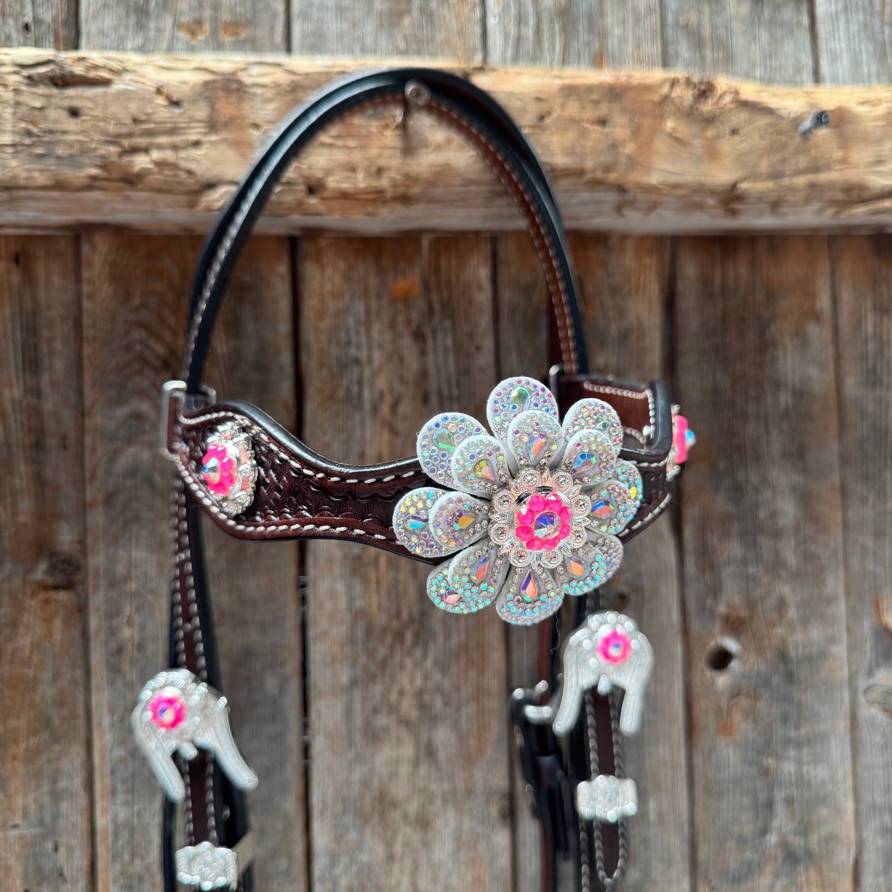 Dark Oil Basketweave Hot Pink Flower Browband | One Ear Tack Set #BBBC531