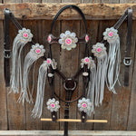 Dark Oil Basketweave Hot Pink Flower Browband | One Ear Tack Set #BBBC531
