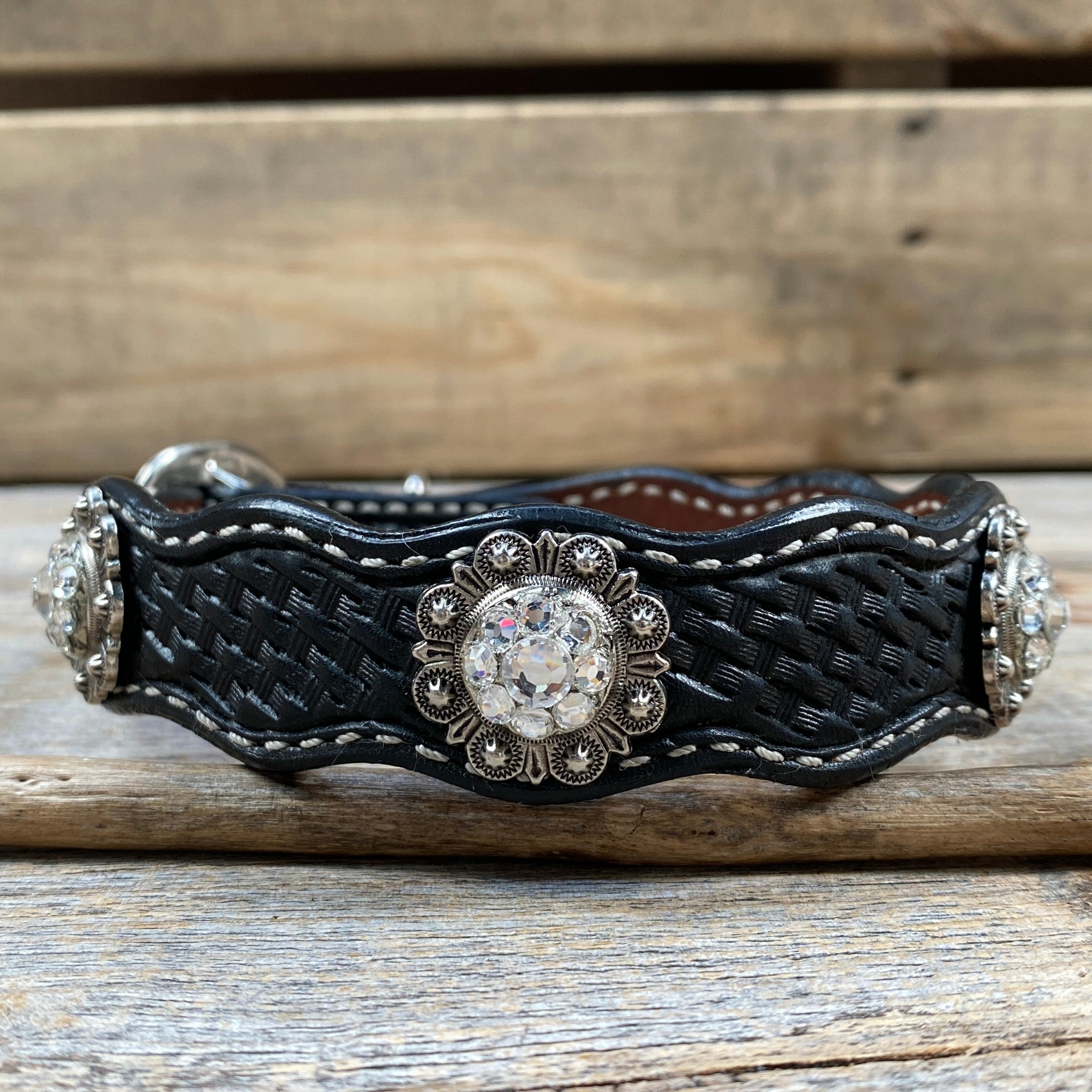 Leather Dog Collar With Antique Silver Clear Conchos 10" to 22" -DC44