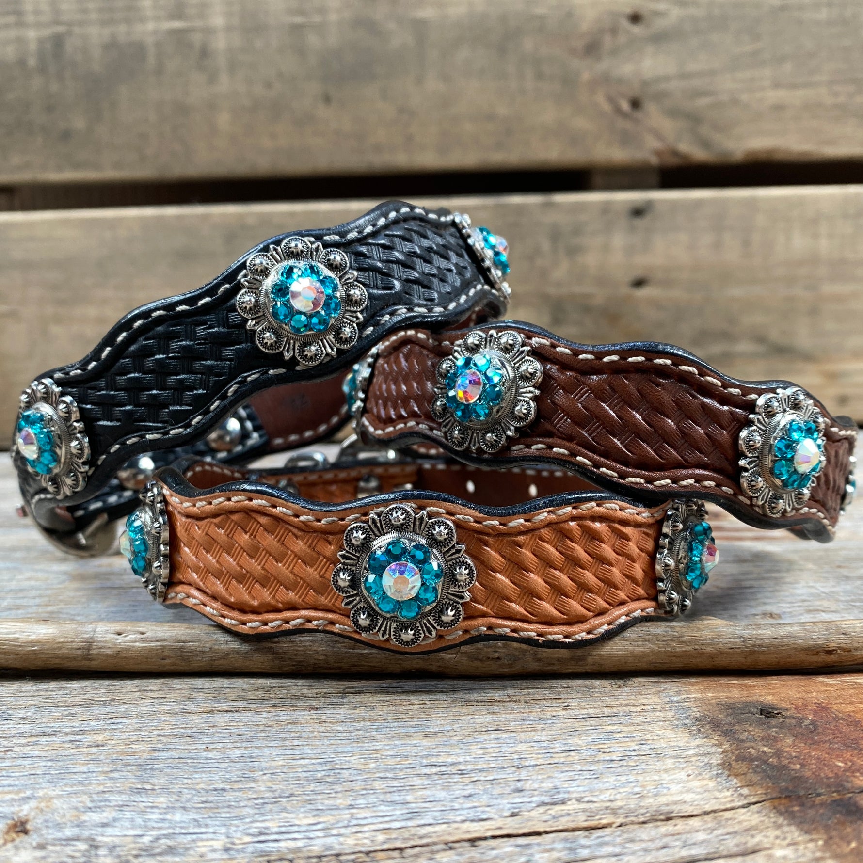 Genuine Leather Dog Collar or Leash With Antique Silver Teal and AB Conchos 10" to 22" orDC45