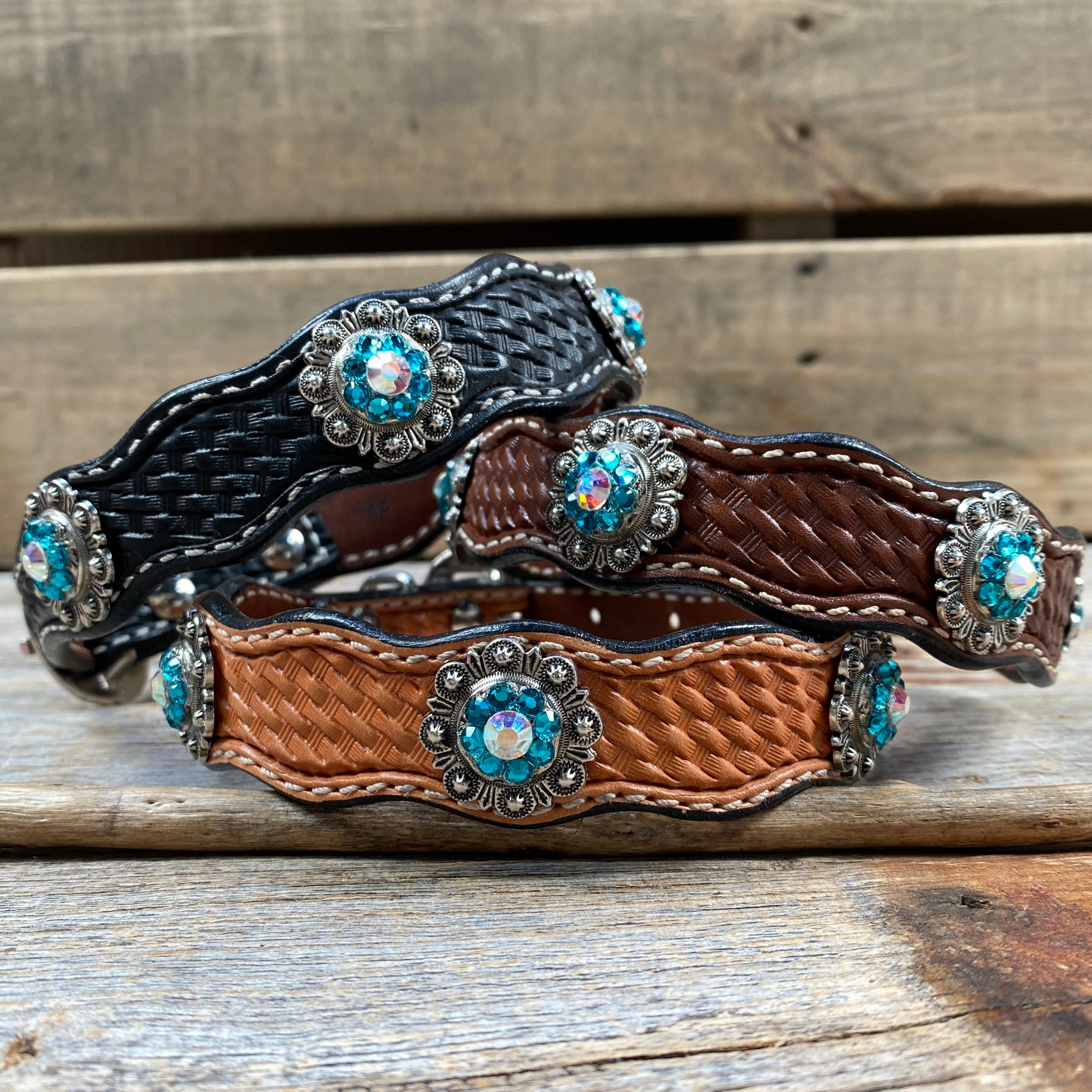 Leather Dog Collar With Antique Silver Teal and AB Conchos 10