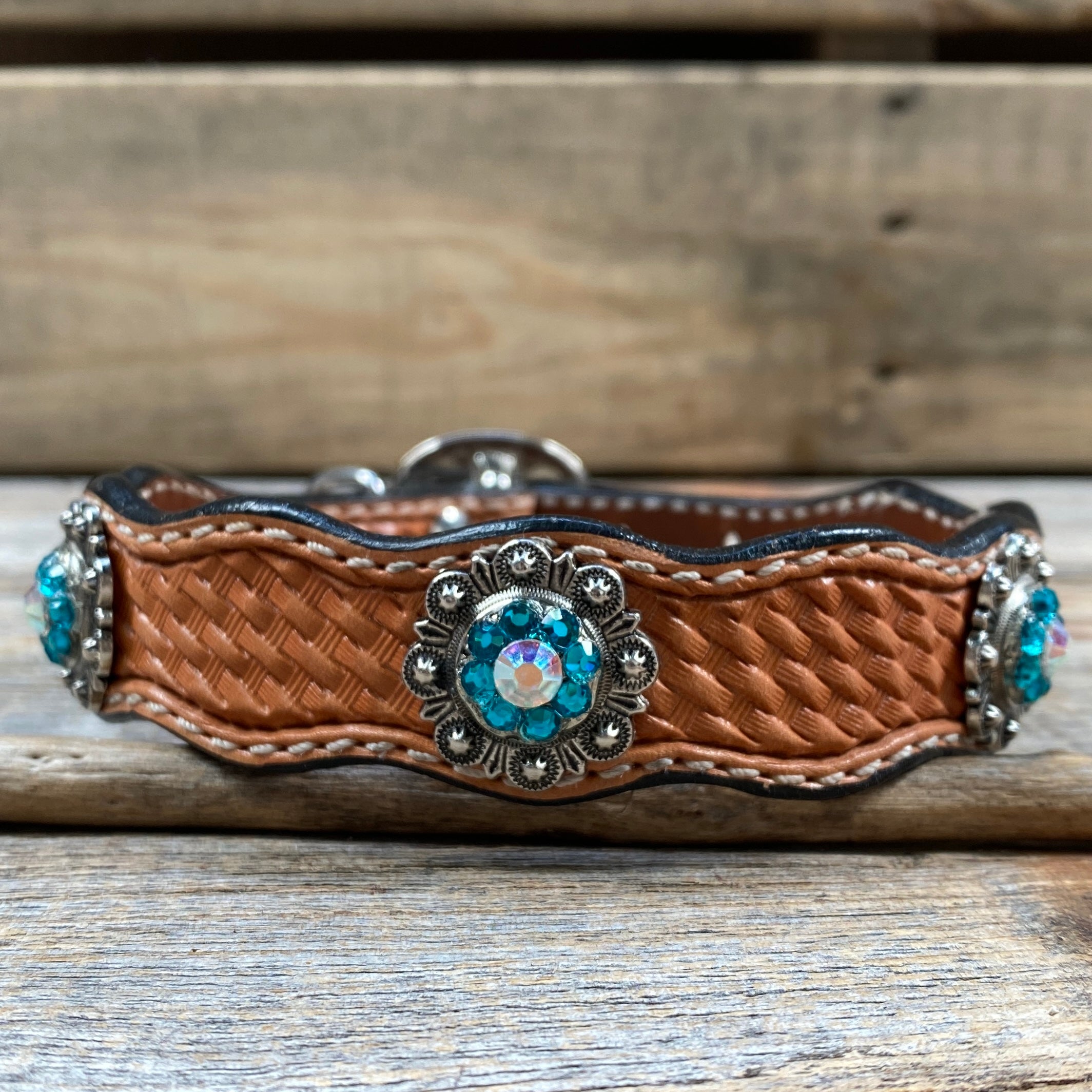 Leather Dog Collar With Antique Silver Teal and AB Conchos 10" to 22" -DC45