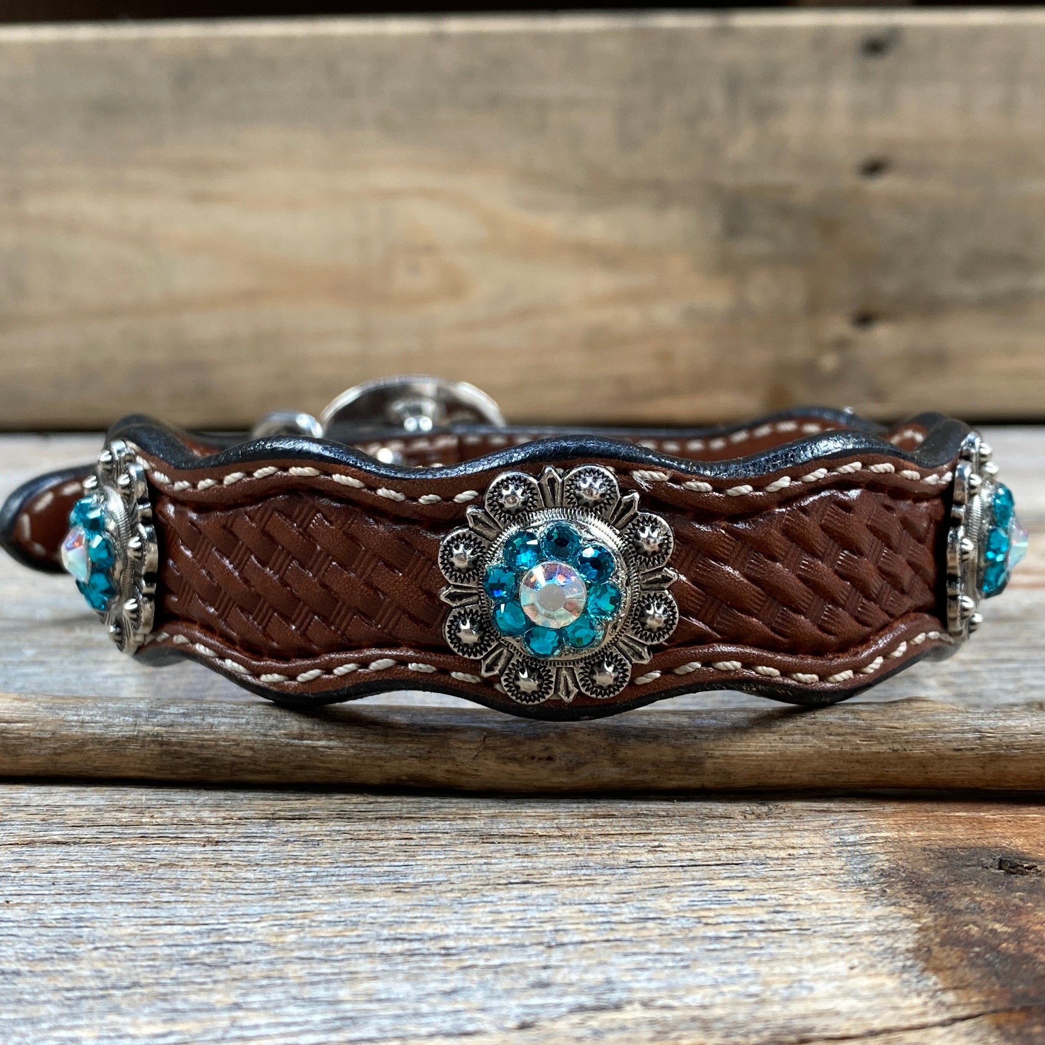 Leather Dog Collar With Antique Silver Teal and AB Conchos 10