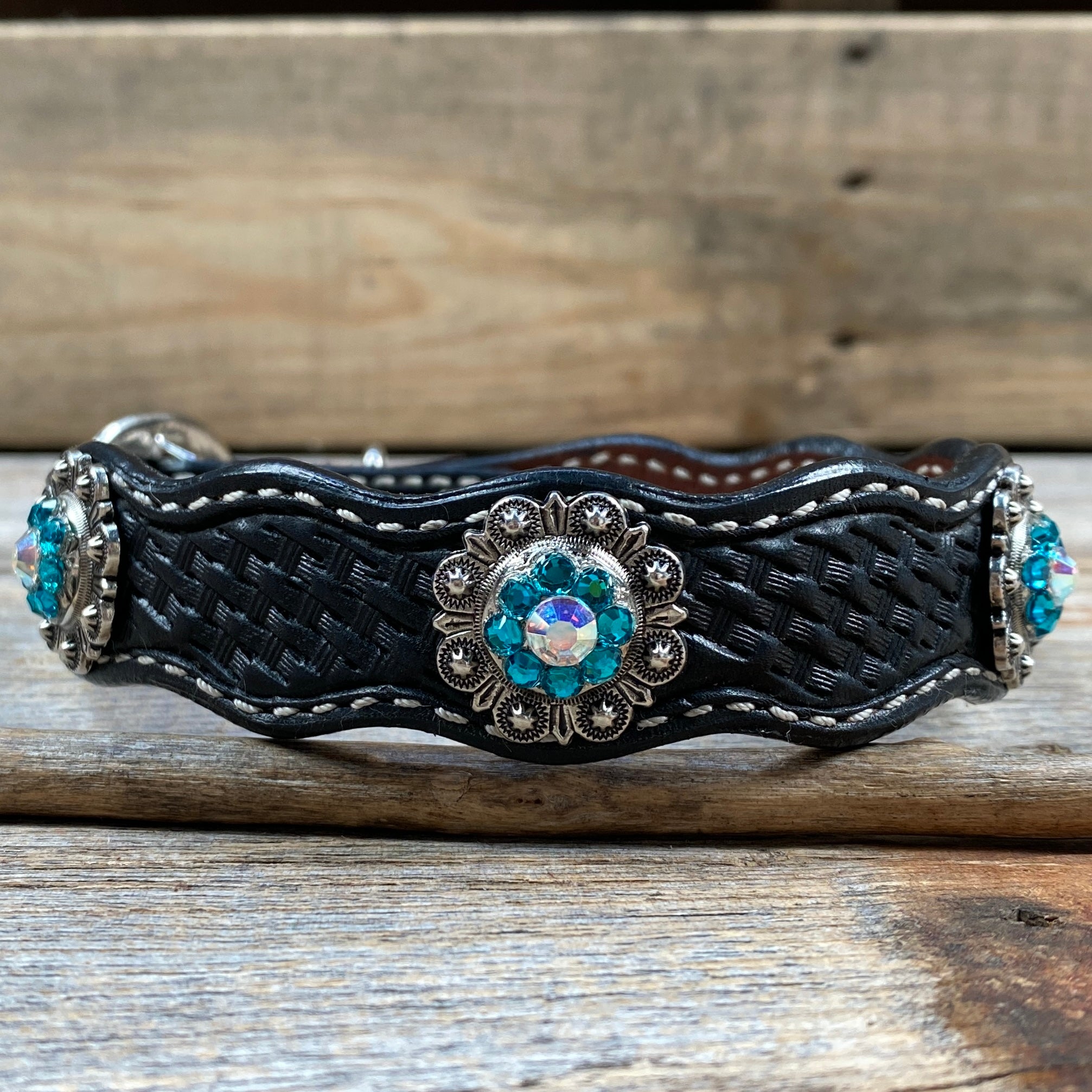 Leather Dog Collar With Antique Silver Teal and AB Conchos 10