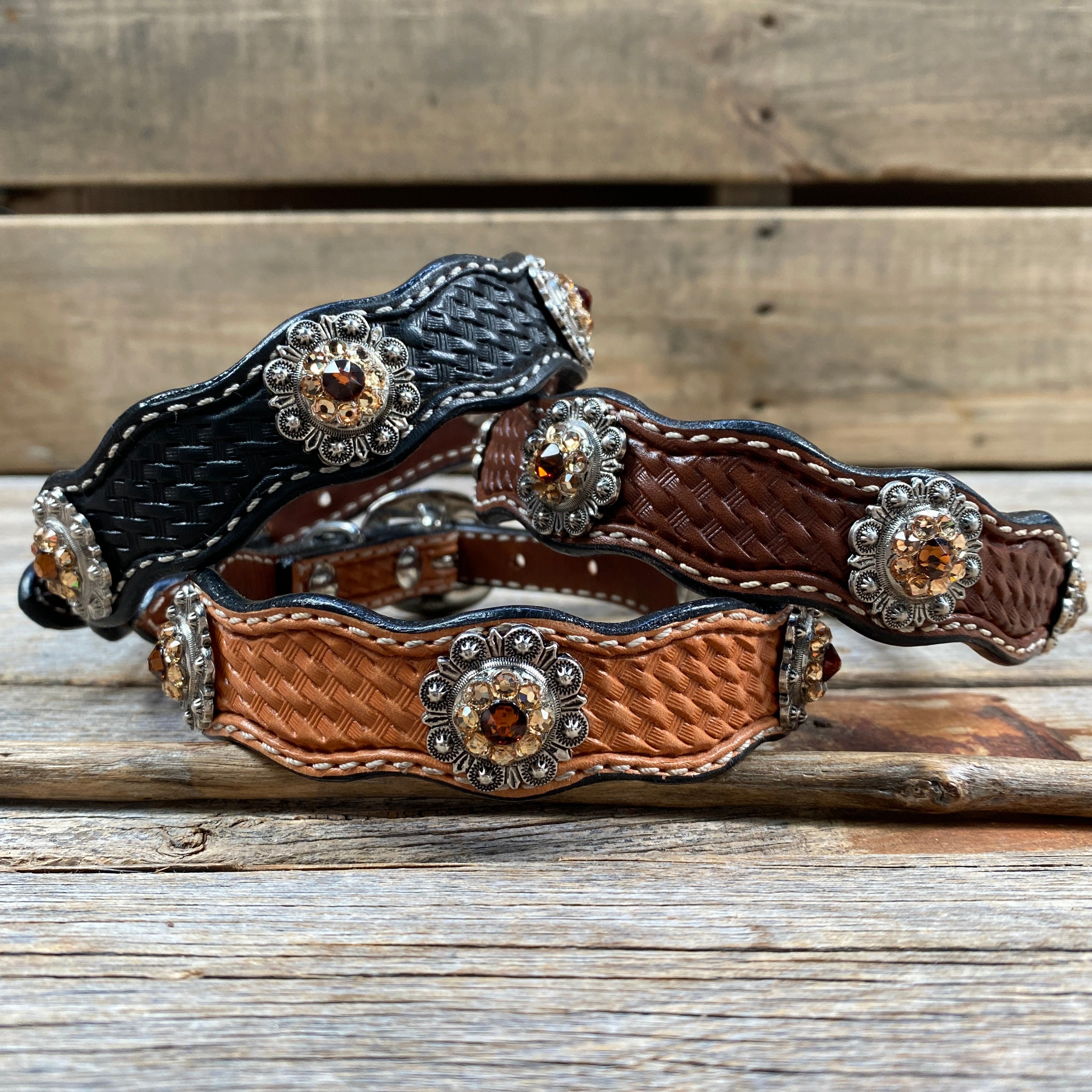 Leather Dog Collar With Antique Silver Topaz and Champagne Conchos 10" to 22" -DC12