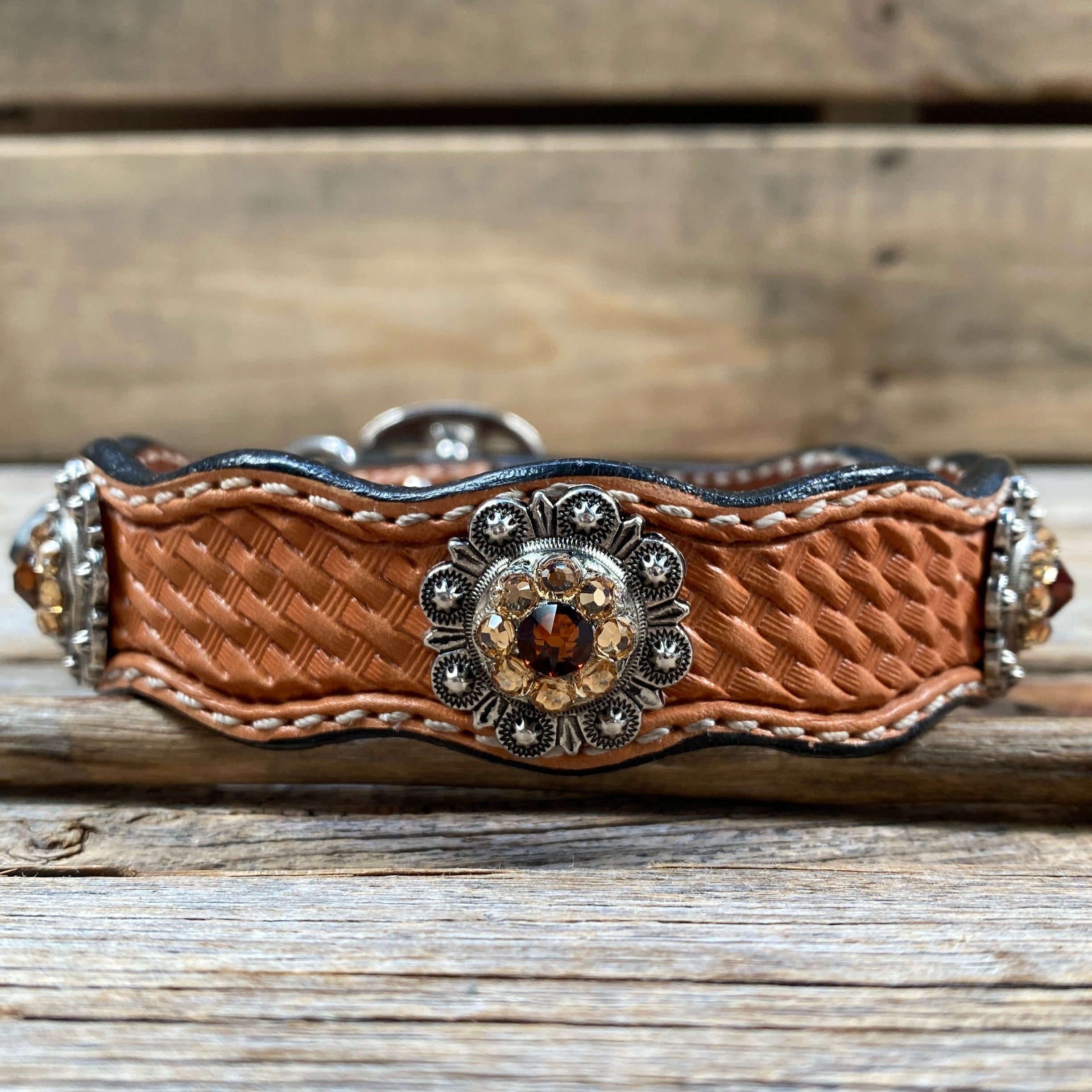 Leather Dog Collar With Antique Silver Topaz and Champagne Conchos 10