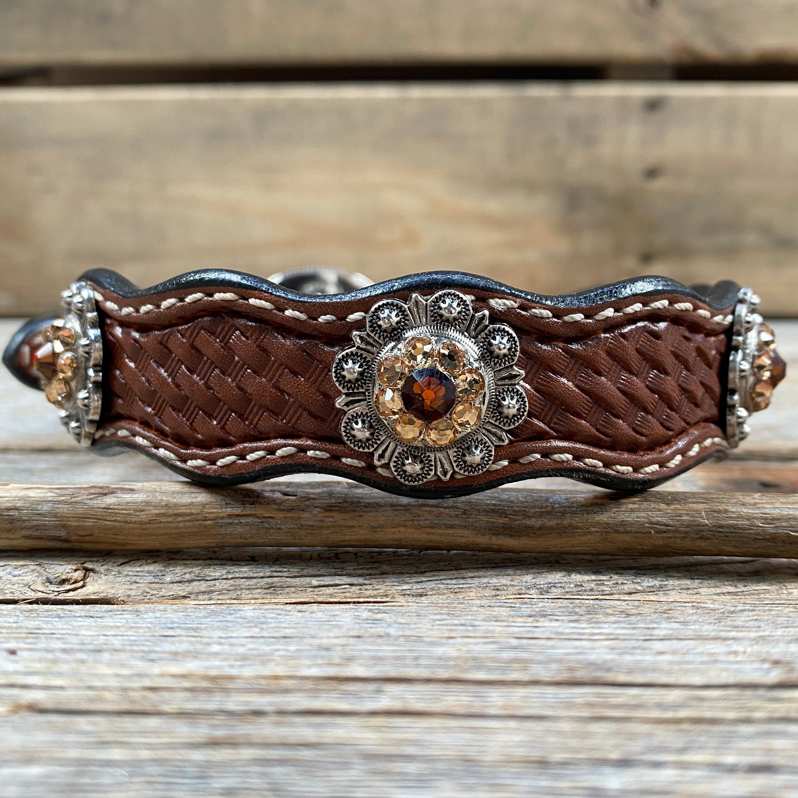 Leather Dog Collar With Antique Silver Topaz and Champagne Conchos 10