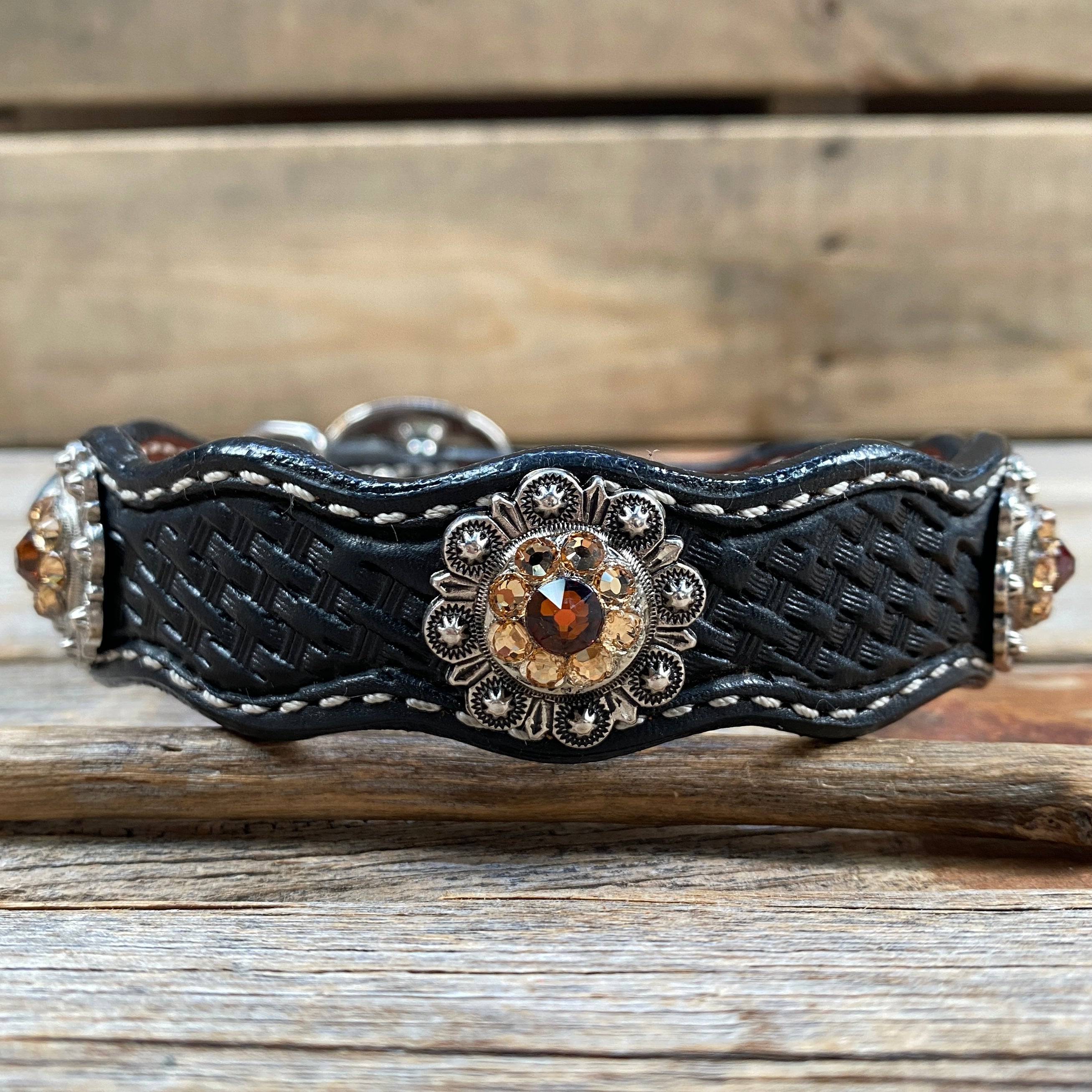 Leather Dog Collar With Antique Silver Topaz and Champagne Conchos 10" to 22" -DC12