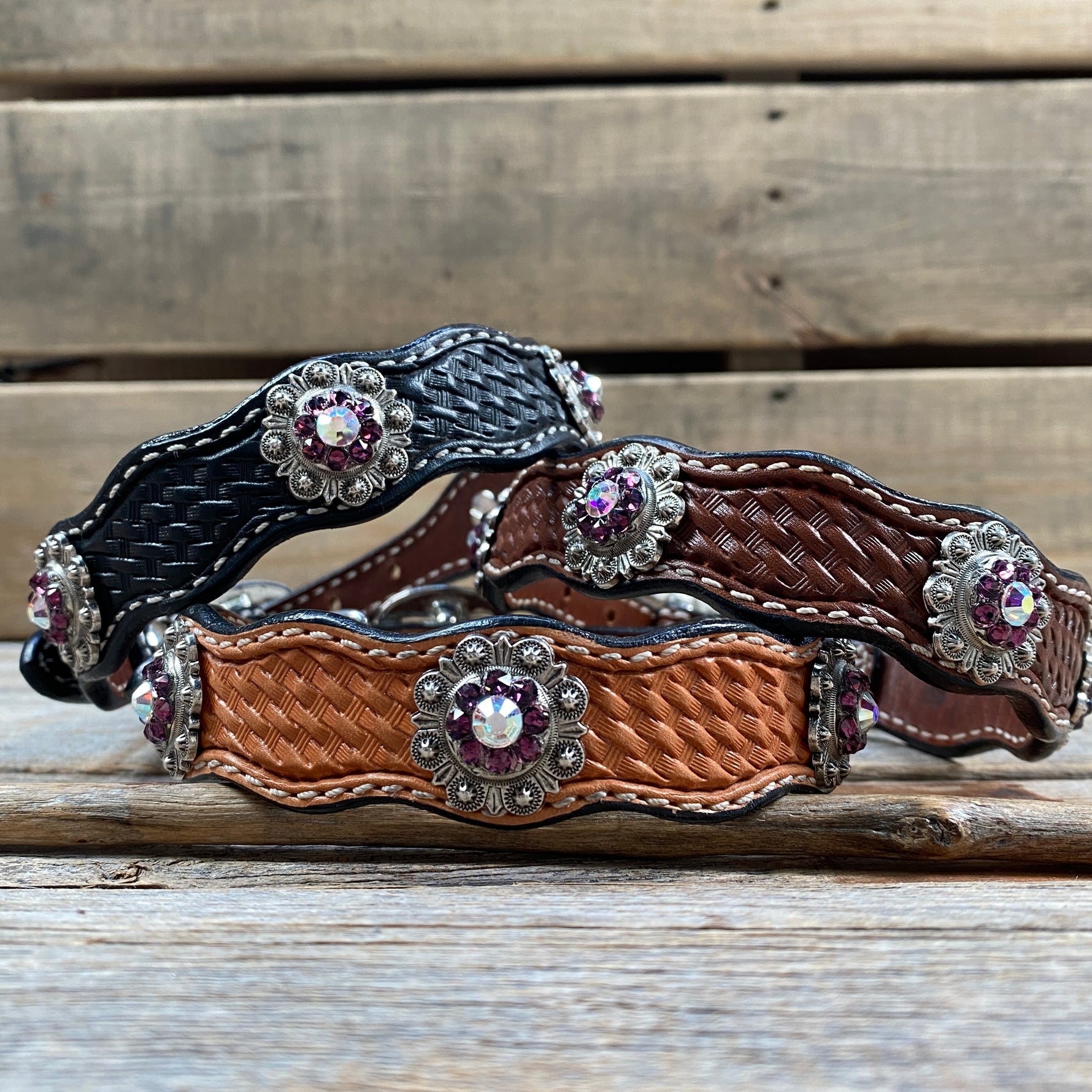 Genuine Leather Dog Collar With Antique Silver Amethyst and AB  Conchos 10" to 22" -DC46
