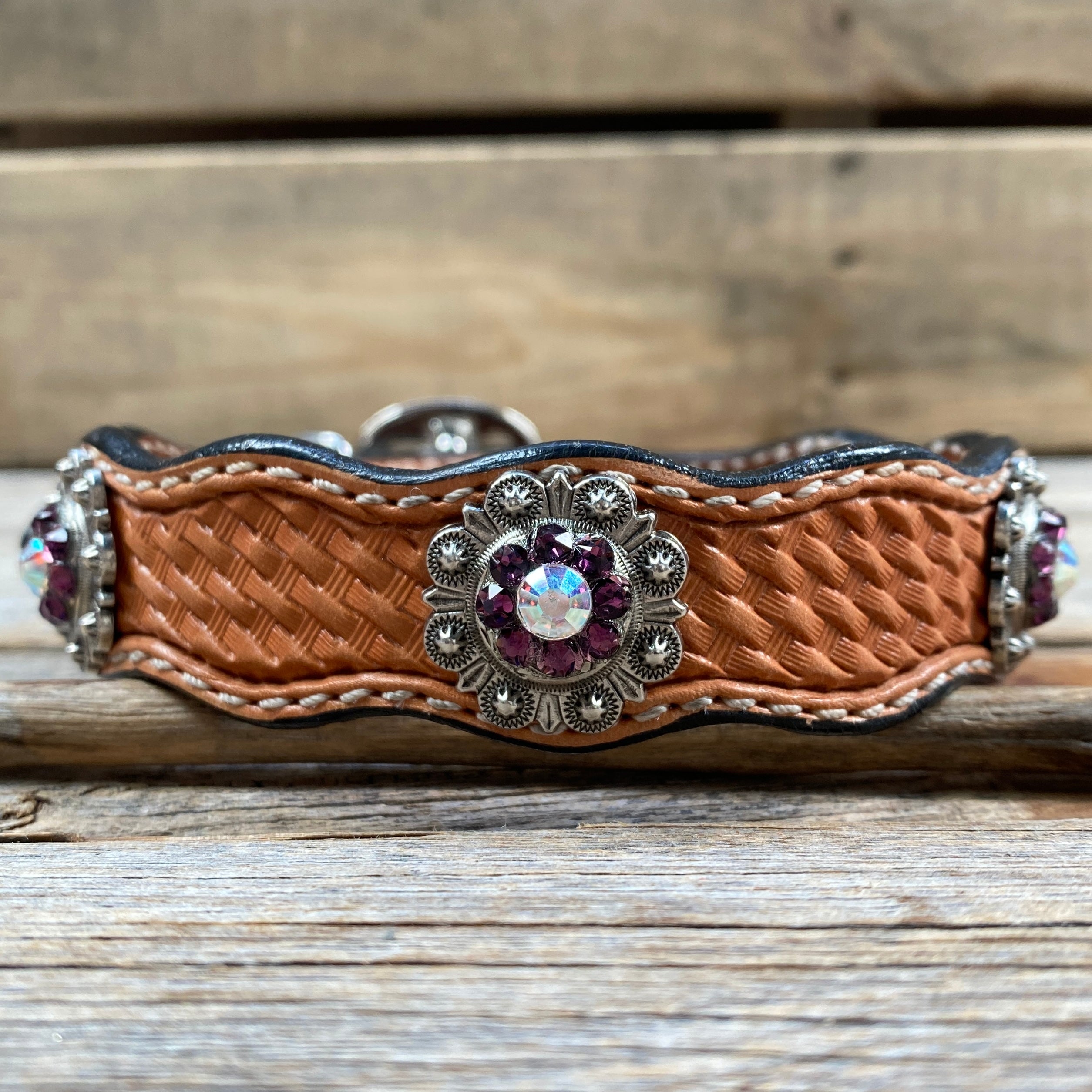Leather Dog Collar With Antique Silver Amethyst and AB  Conchos 10" to 22" -DC46