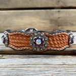 Genuine Leather Dog Collar With Antique Silver Amethyst and AB  Conchos 10" to 22" -DC46